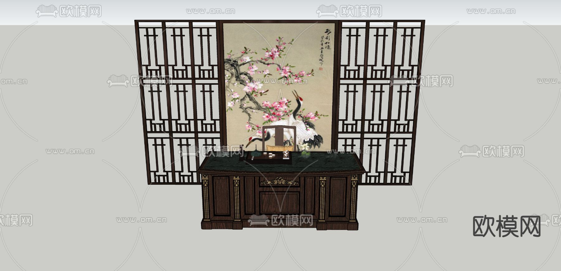 中式大班台 办公桌su模型下载（渲染图2）