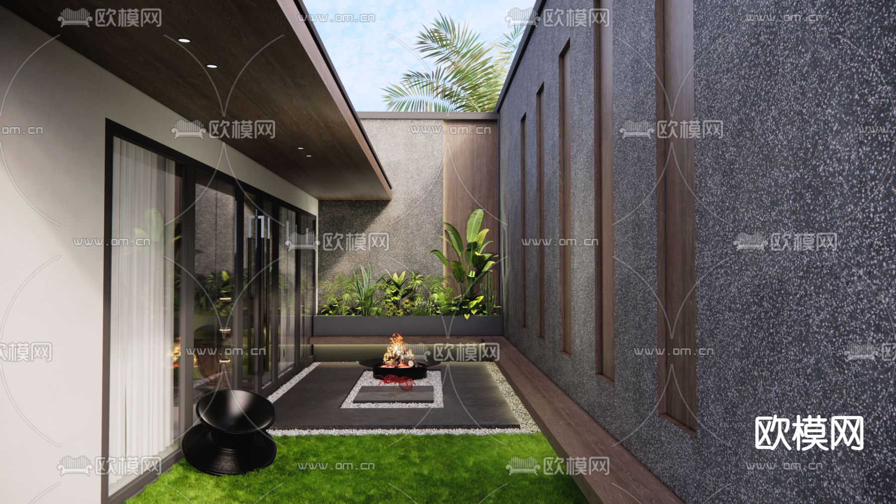 现代庭院景观天井su模型下载（渲染图1）