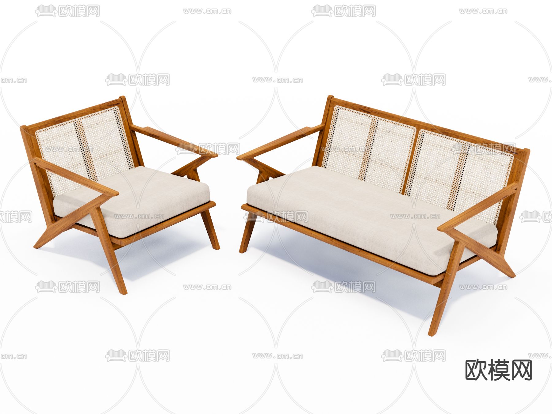 现代藤编双人沙发su模型下载（渲染图1）