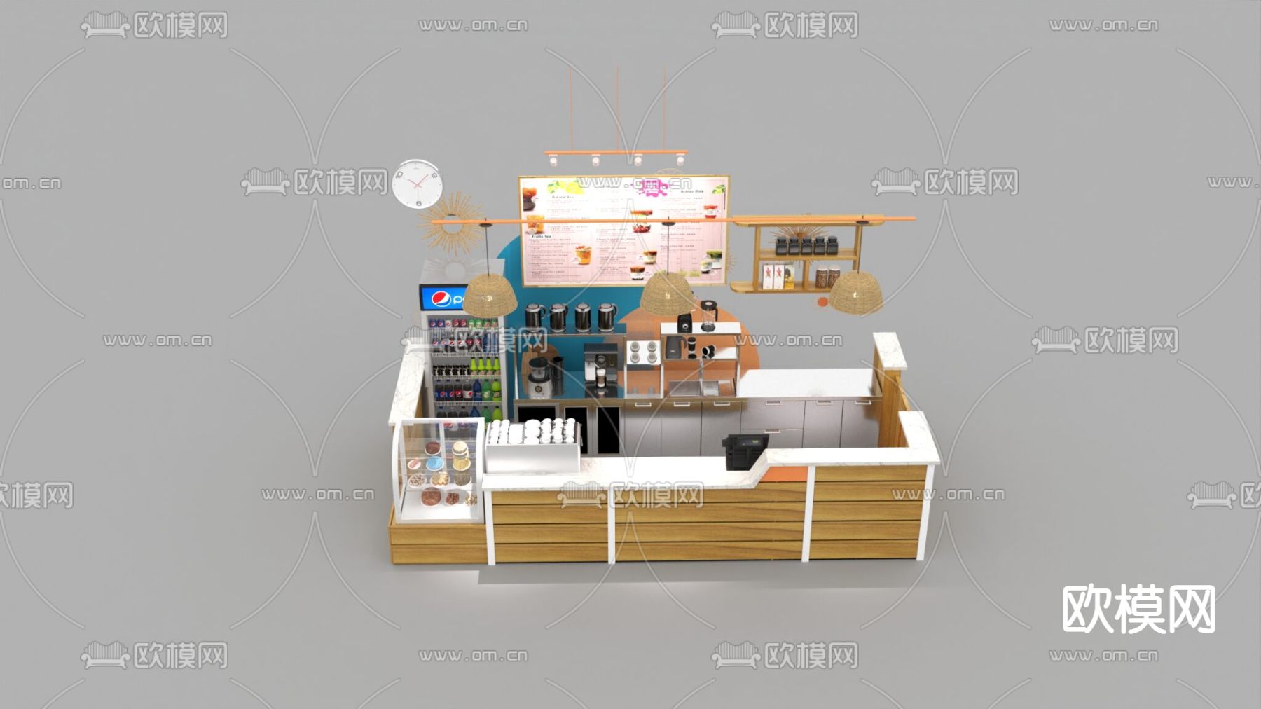 北欧简约创意实木大理石奶茶店操作台免费3d模型下载