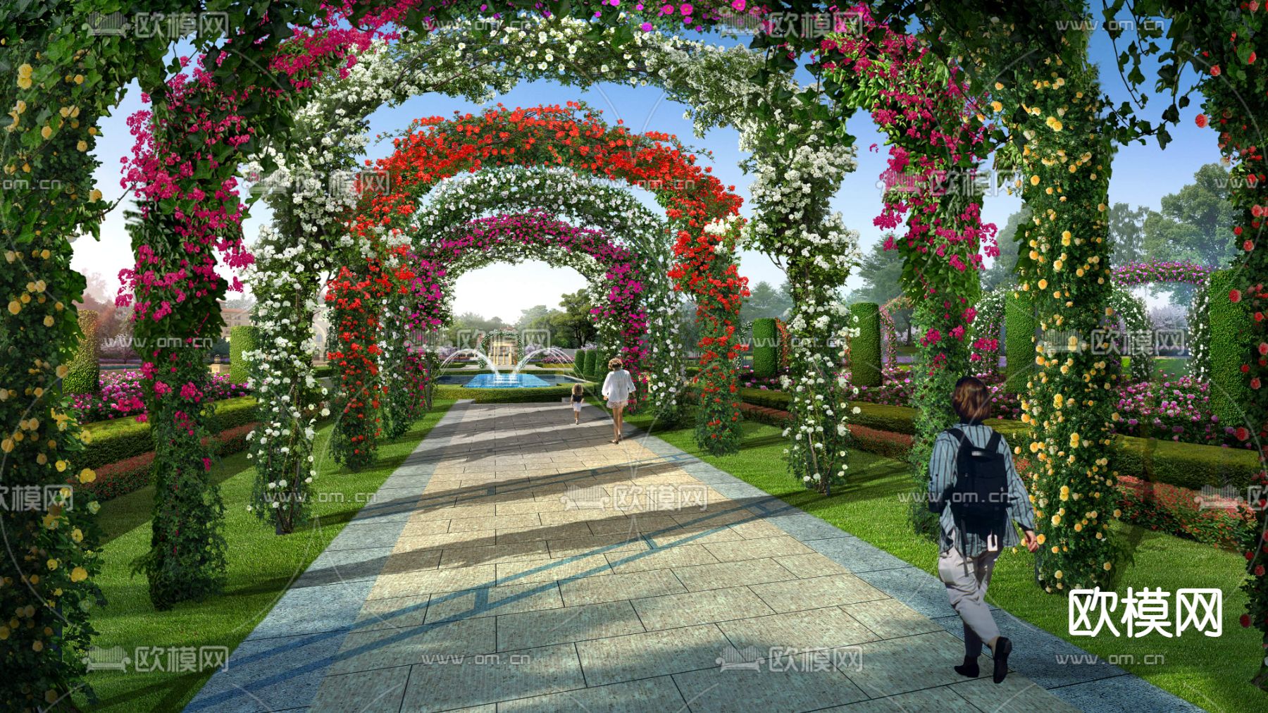 现代花卉花篮道路景观psd下载