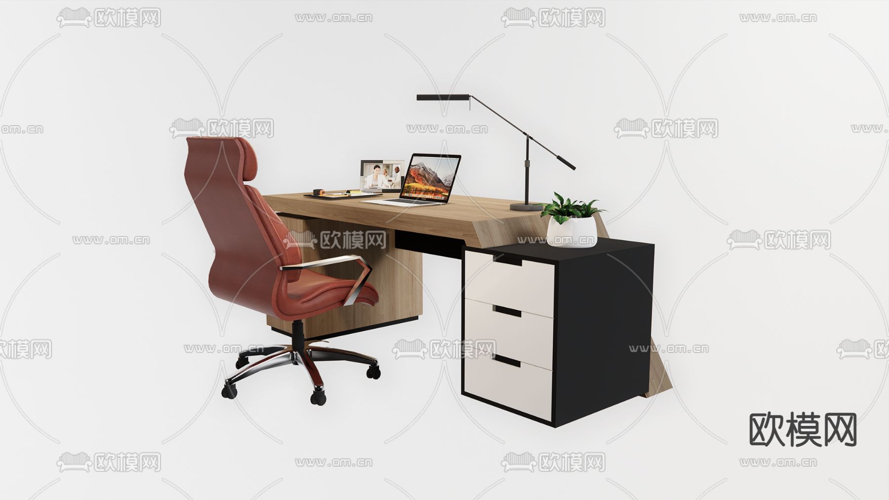 现代办公班台桌椅su模型下载（渲染图1）