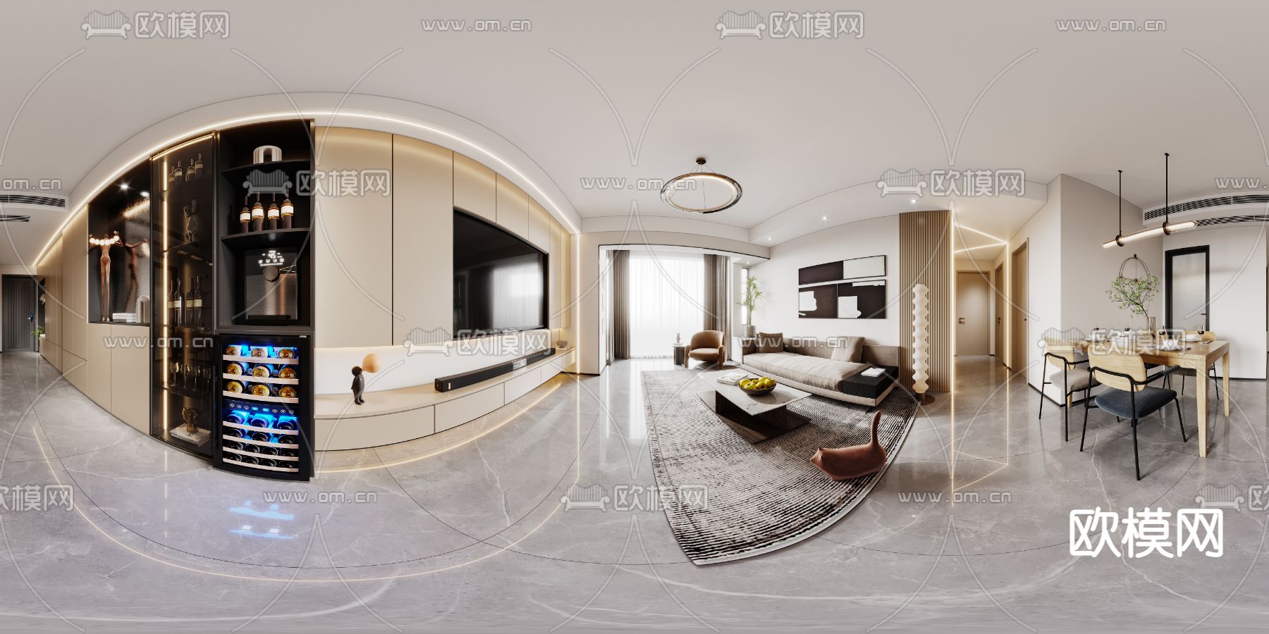 现代客厅餐厅vr全景3d模型