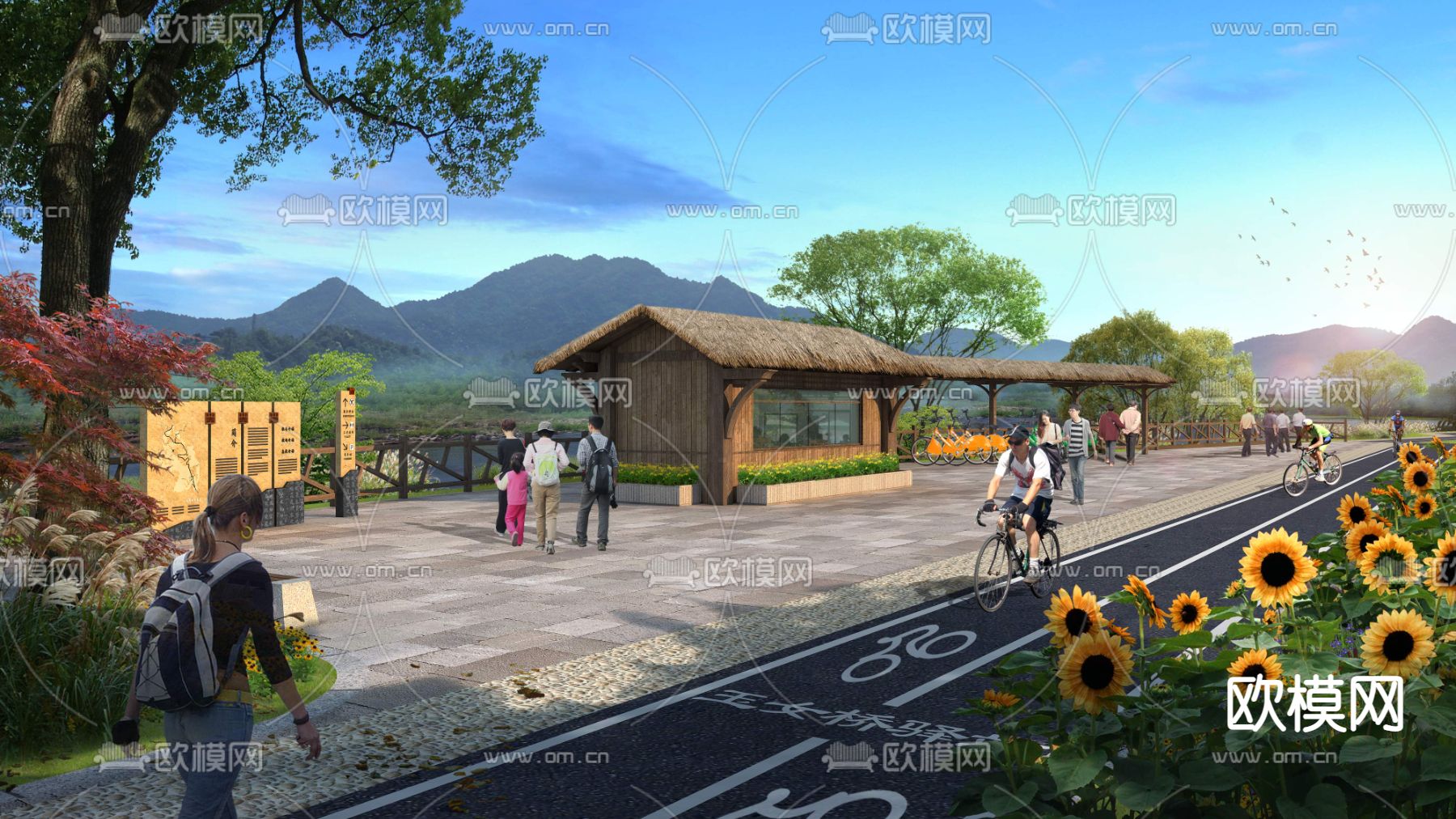 现代茅草屋道路园林景观psd下载