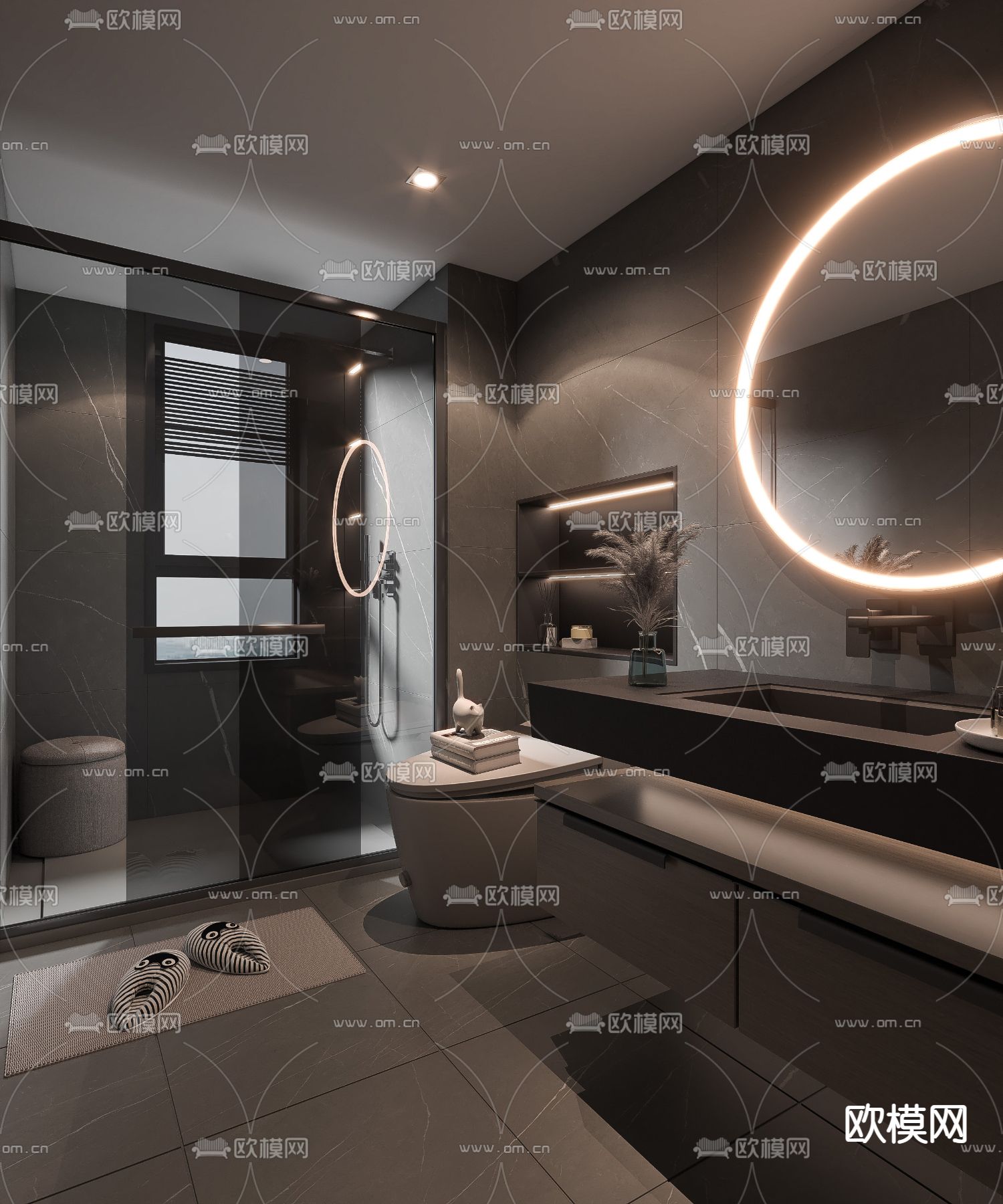 暗黑风卫生间浴室su模型下载（渲染图1）