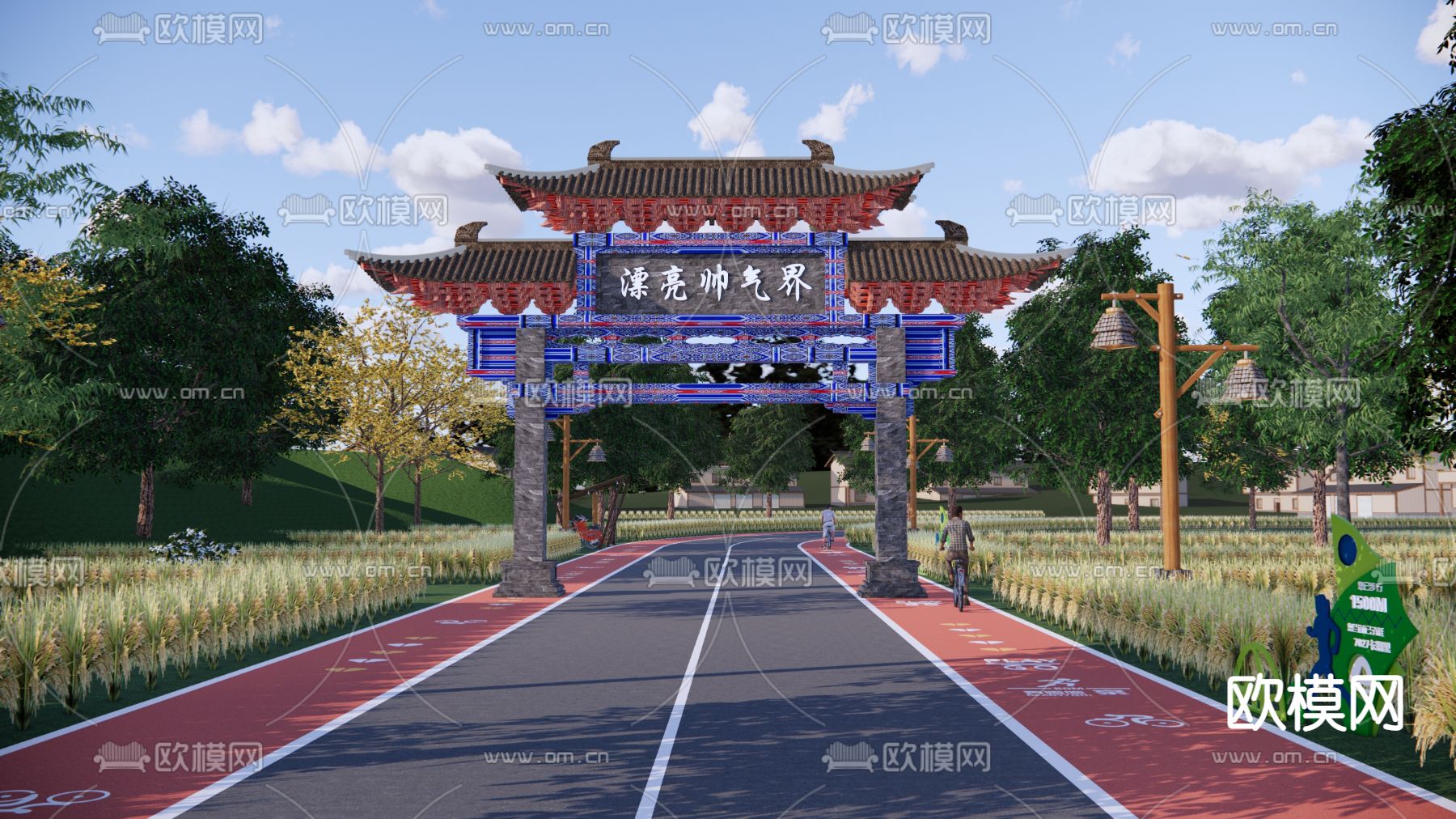 中式景区入口大门形象门su模型下载（渲染图1）