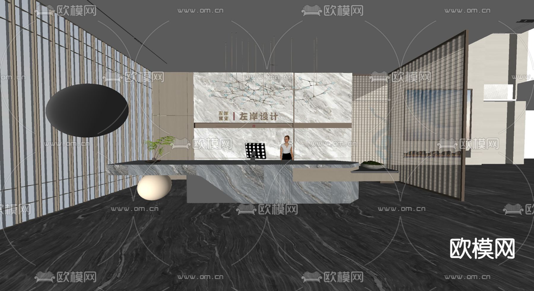 现代办公室前台 接待处su模型下载（渲染图2）