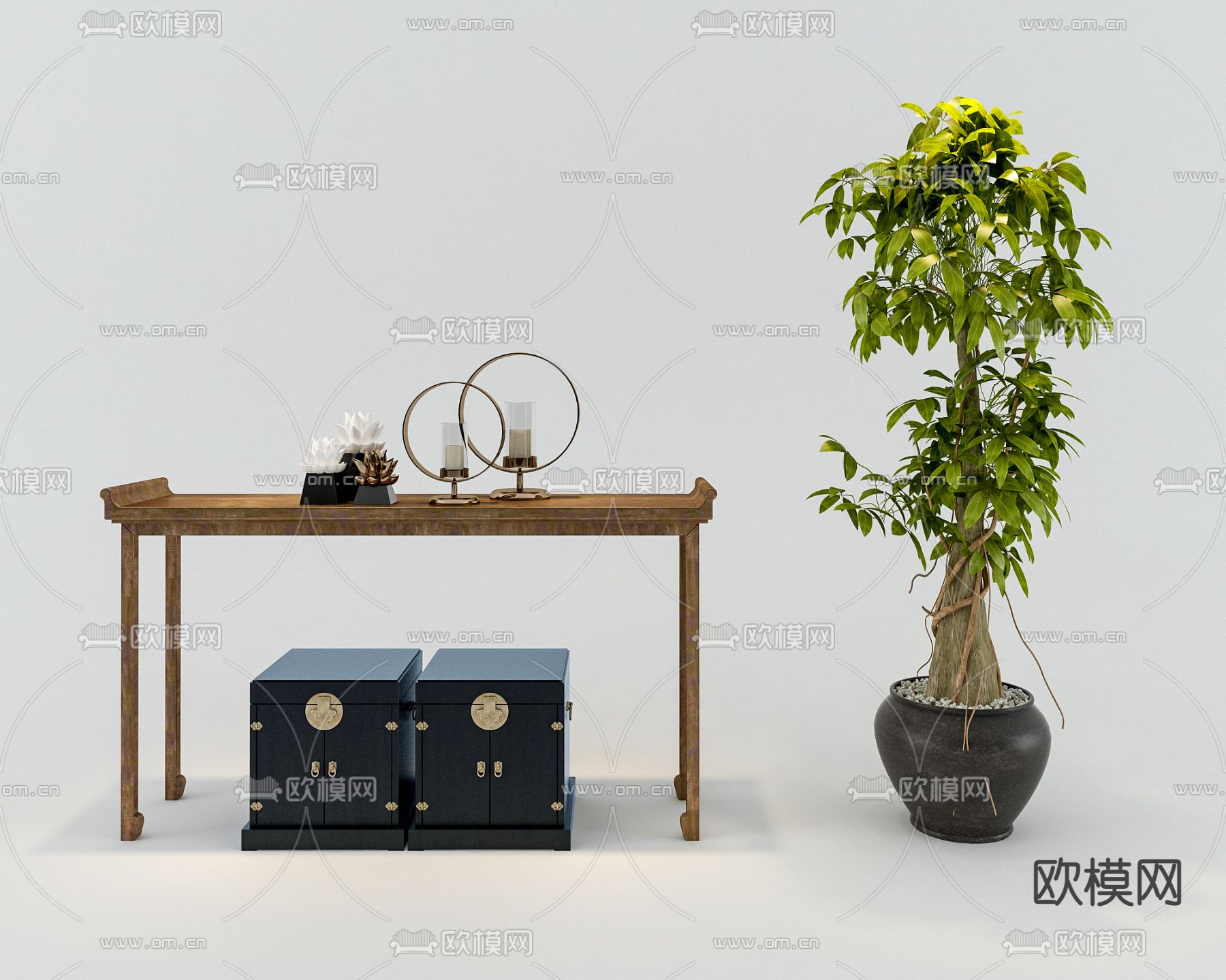 中式端景台摆件组合su模型下载（渲染图1）