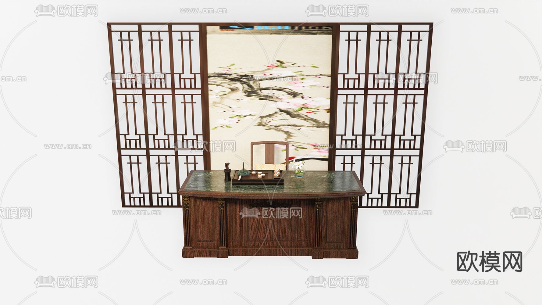 中式大班台 办公桌su模型下载（渲染图1）
