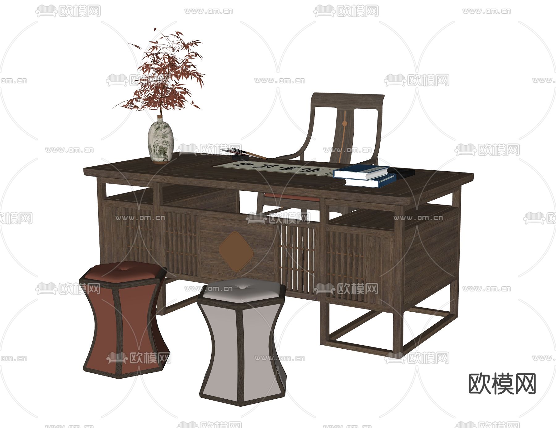 新中式书桌椅su模型下载（渲染图2）
