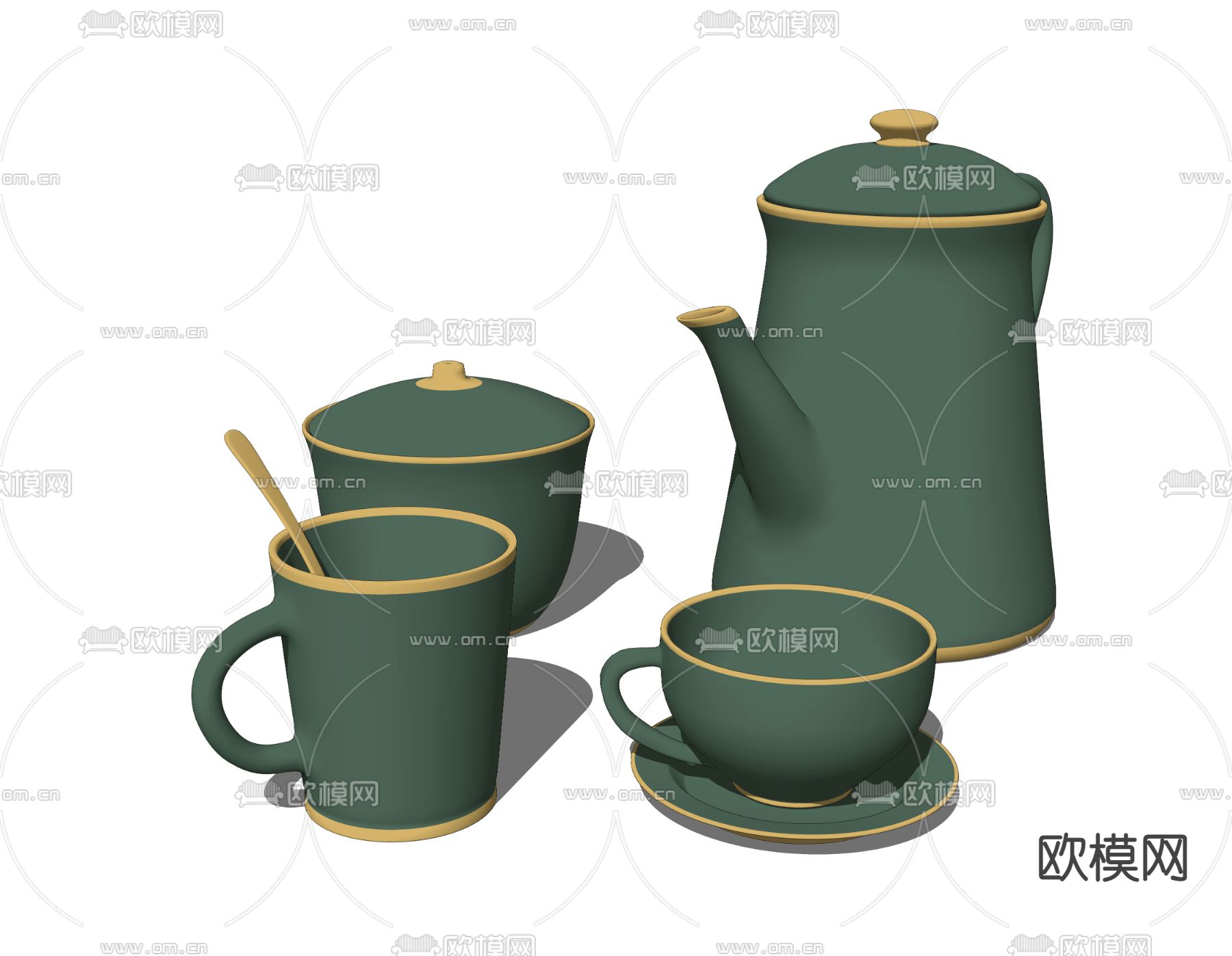 现代茶具 茶壶 茶杯su模型下载（渲染图2）