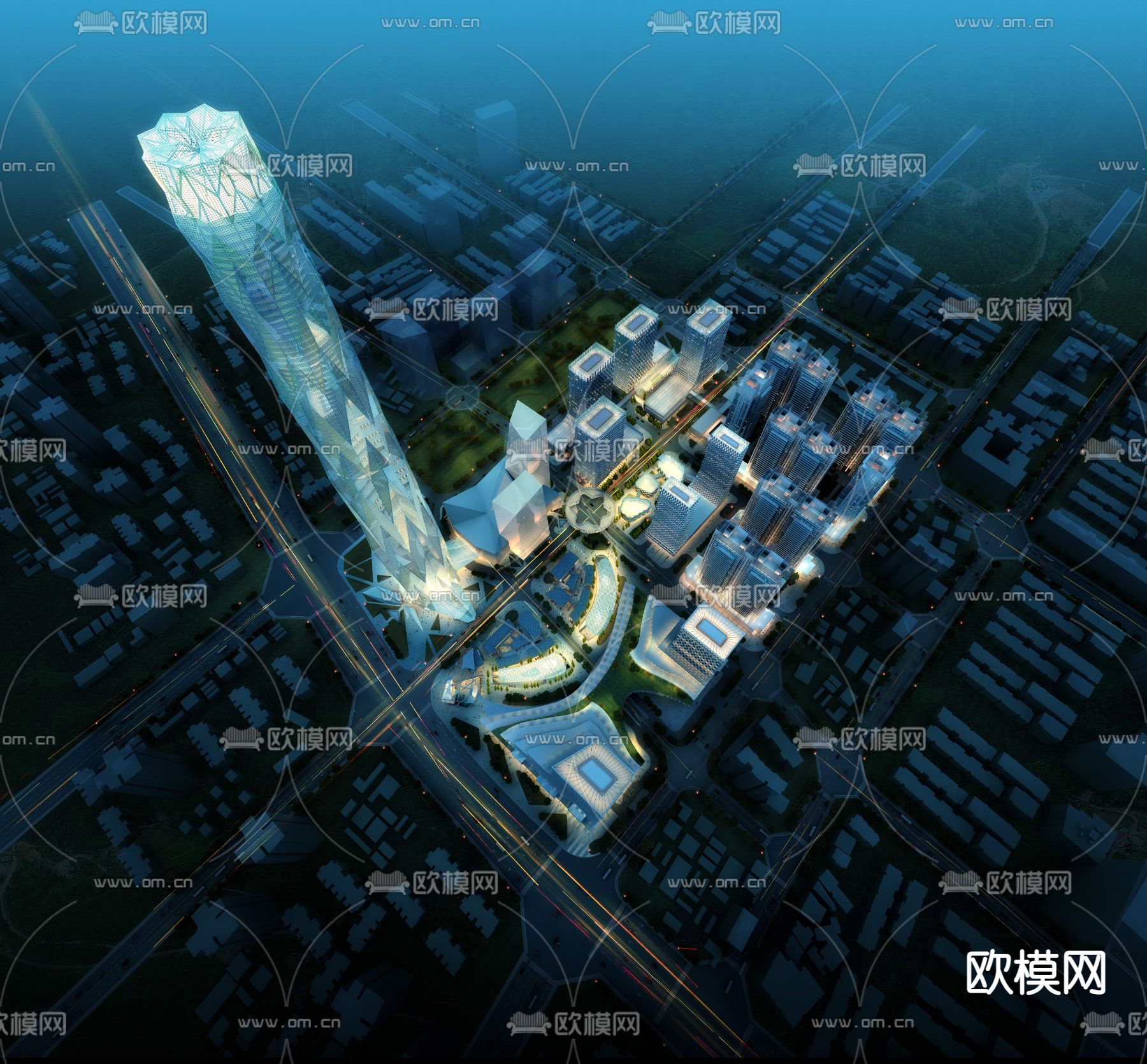 现代办公楼外观鸟瞰夜景psd下载