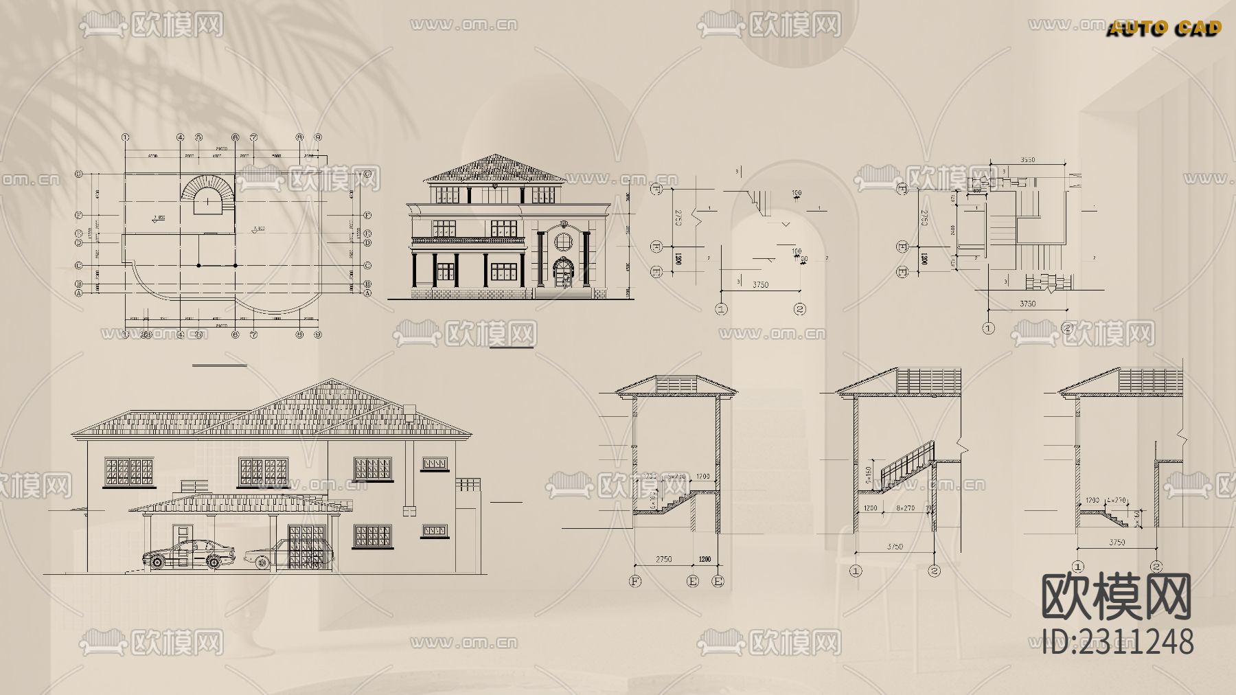 百套别墅建筑设计cad施工图下载（渲染图1）