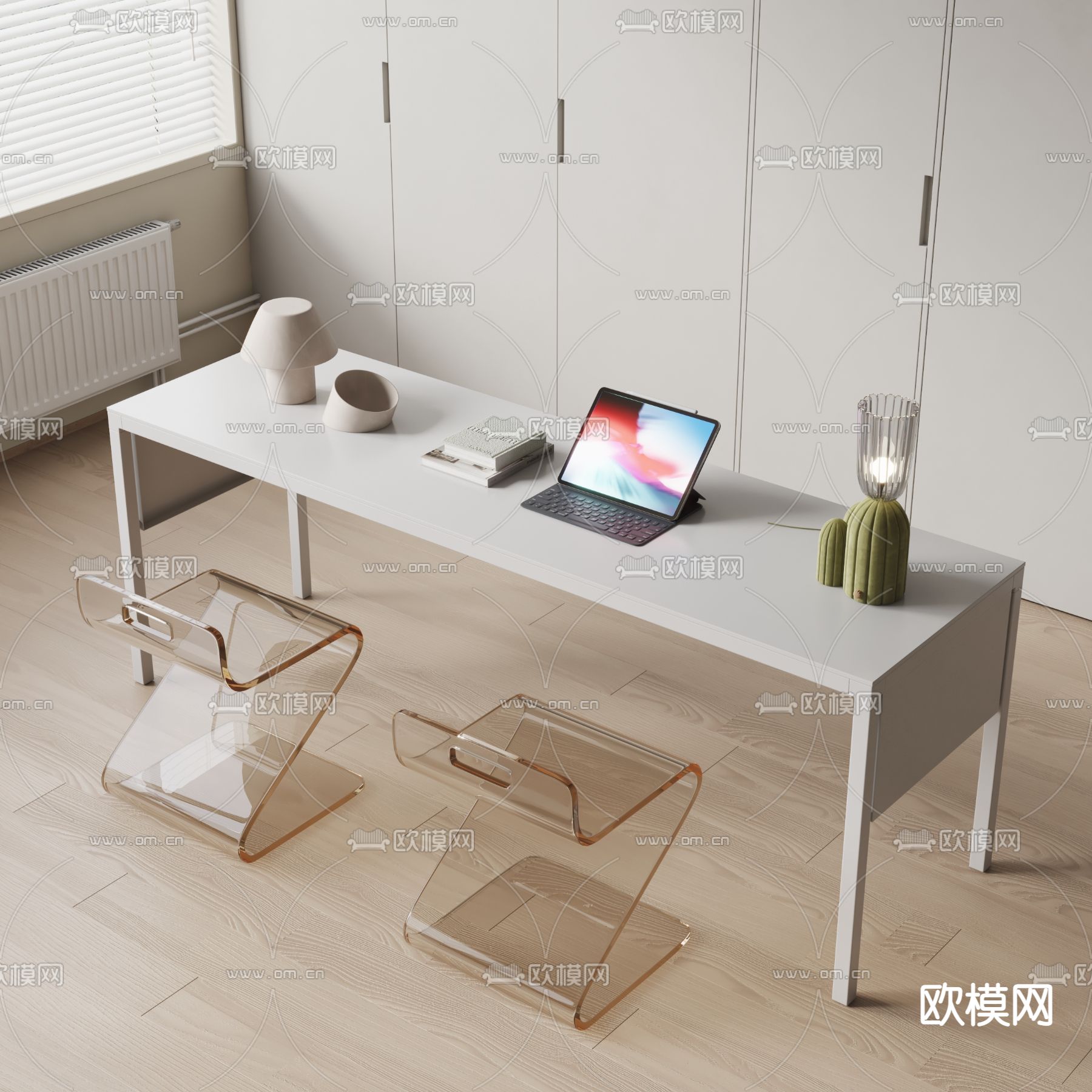 现代亚克力书桌椅su模型下载（渲染图1）