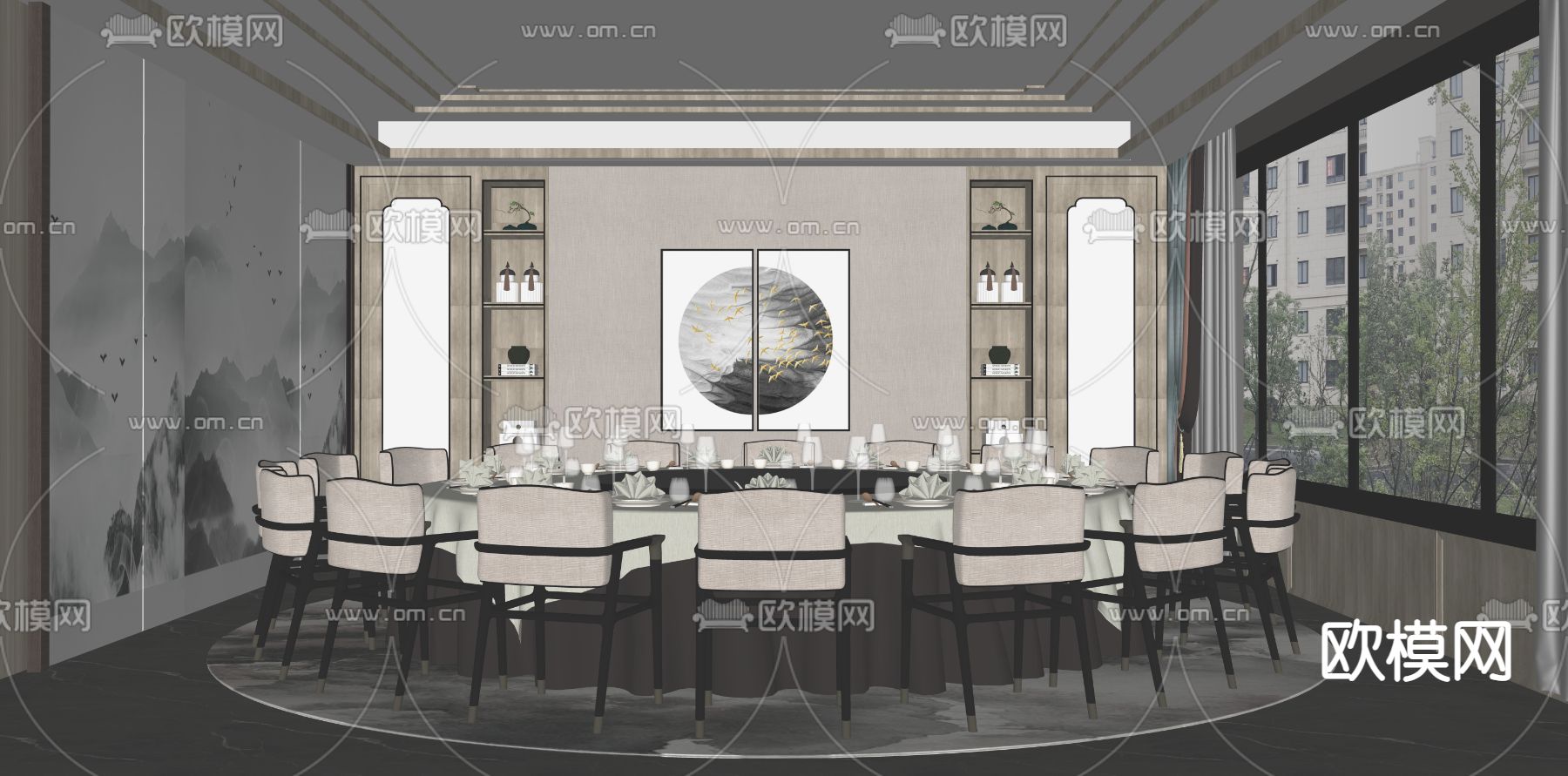新中式中餐厅包房su模型下载（渲染图2）