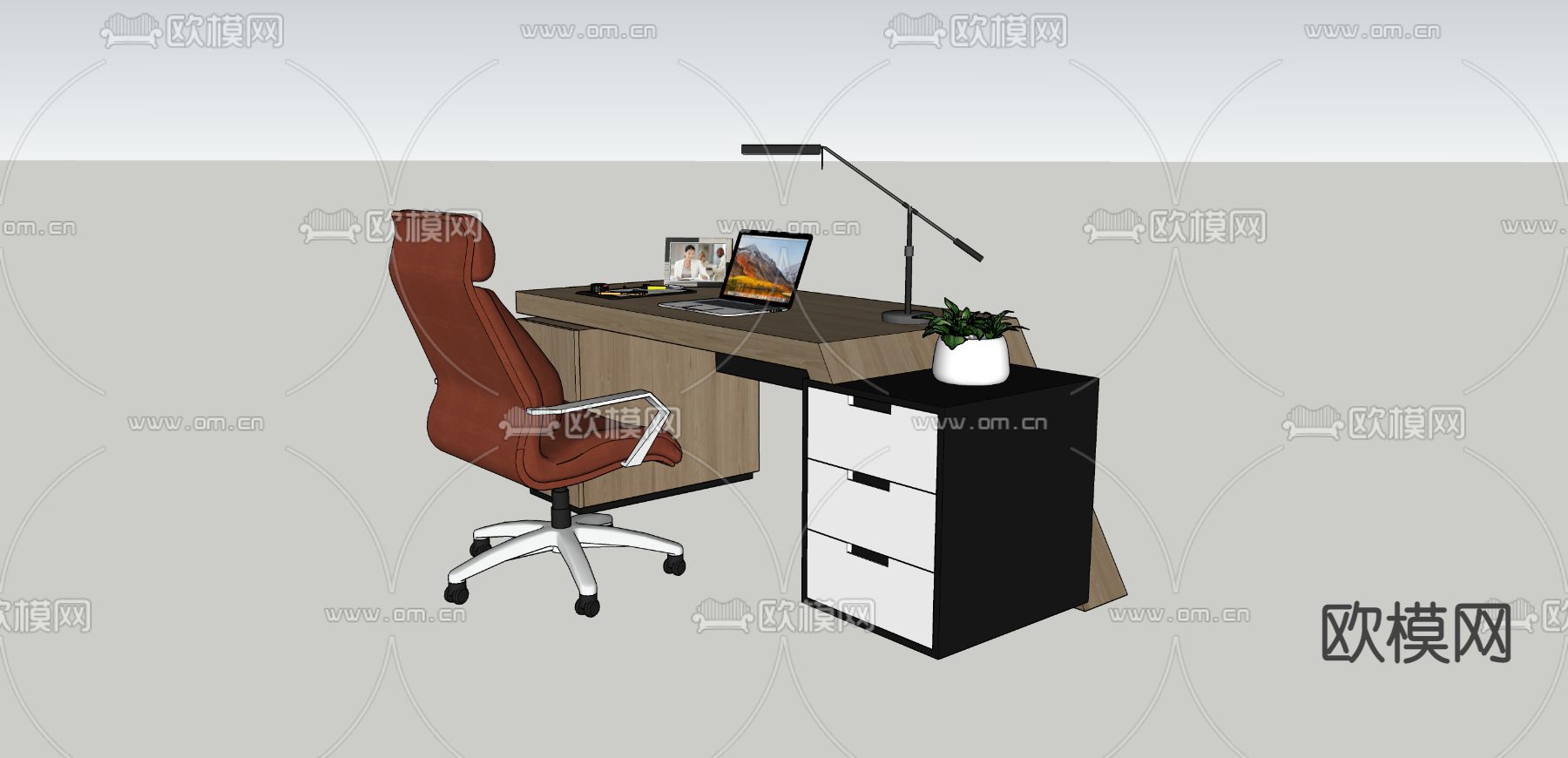 现代办公班台桌椅su模型下载（渲染图3）