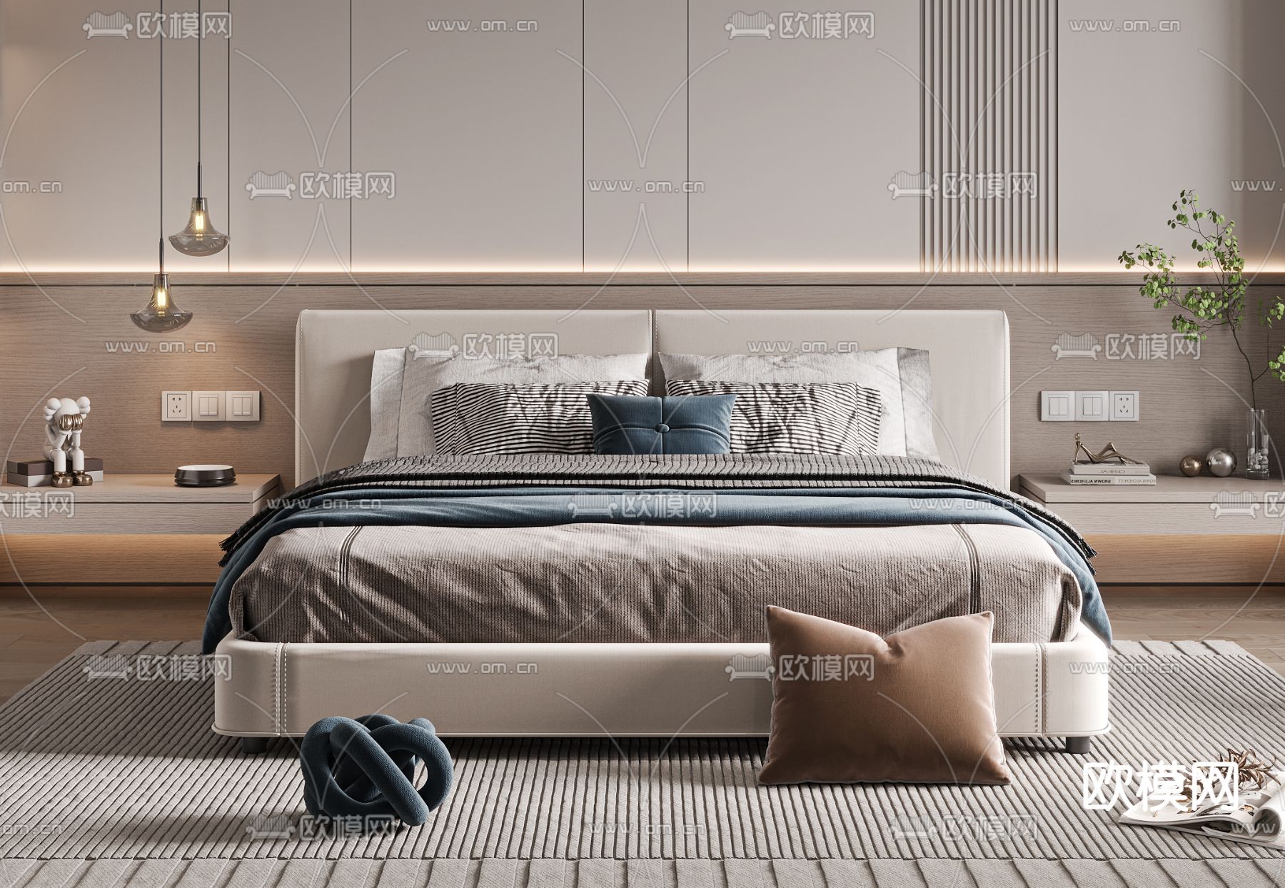 现代布艺双人床su模型下载（渲染图1）