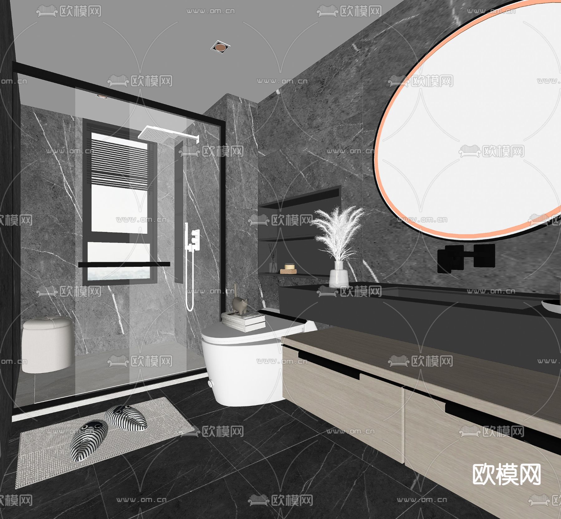 暗黑风卫生间浴室su模型下载（渲染图2）