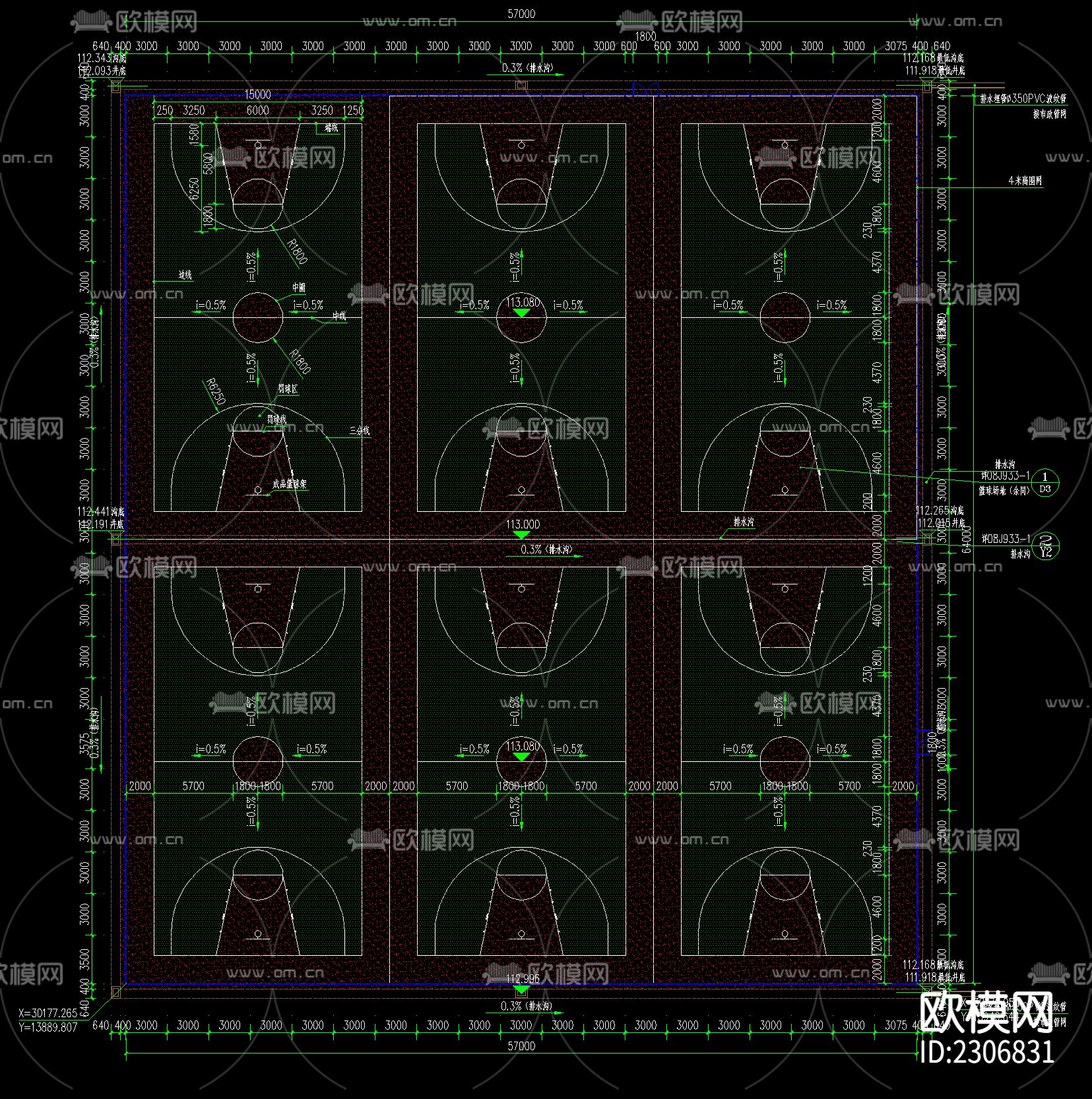 户外篮球场大学篮球场cad施工图下载（渲染图1）