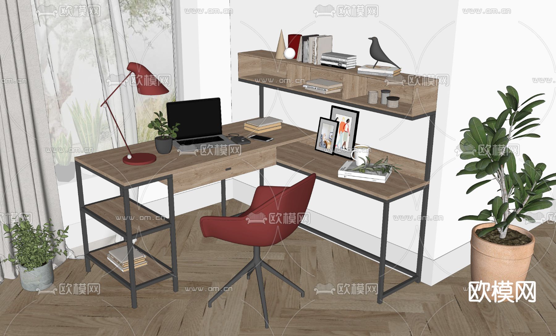 北欧风书桌椅 写字台su模型下载（渲染图2）