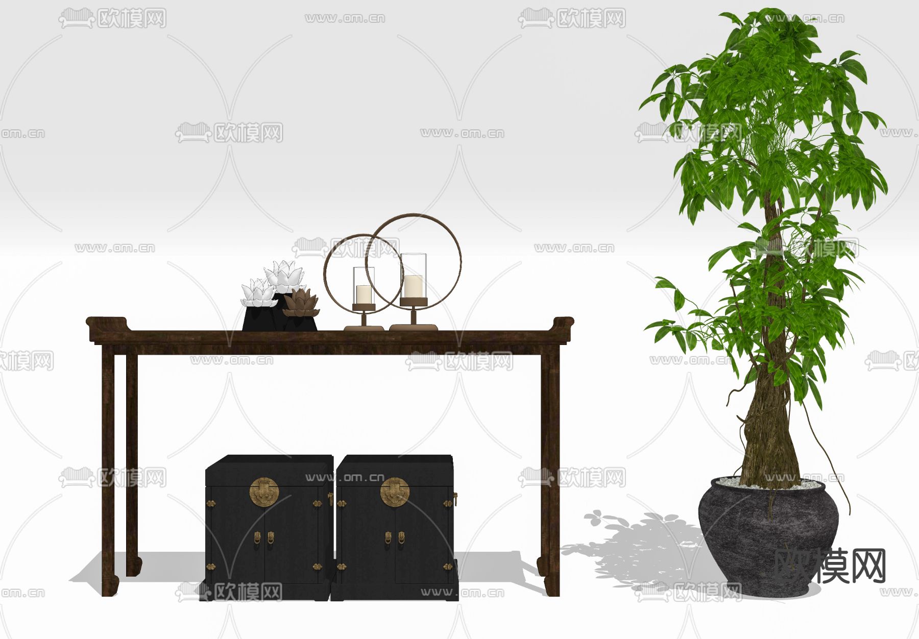 中式端景台摆件组合su模型下载（渲染图2）