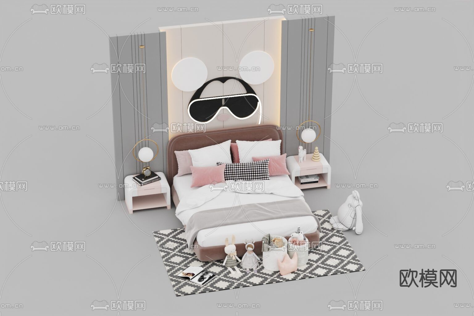 北欧轻奢创意实木背景墙布艺双人床免费3d模型下载