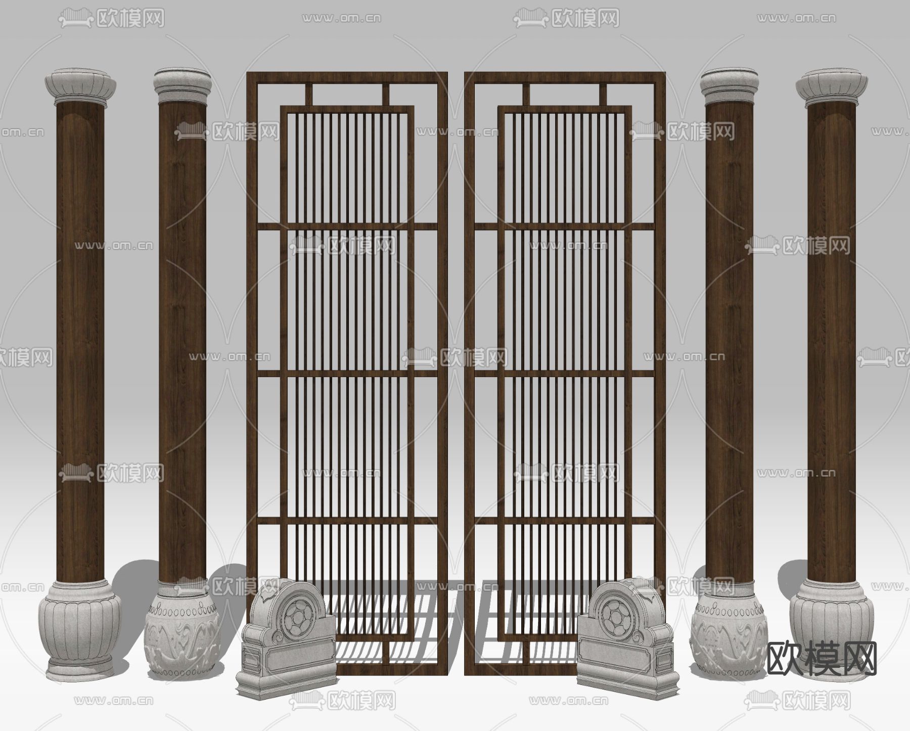 中式柱子 石墩 屏风su模型下载（渲染图2）