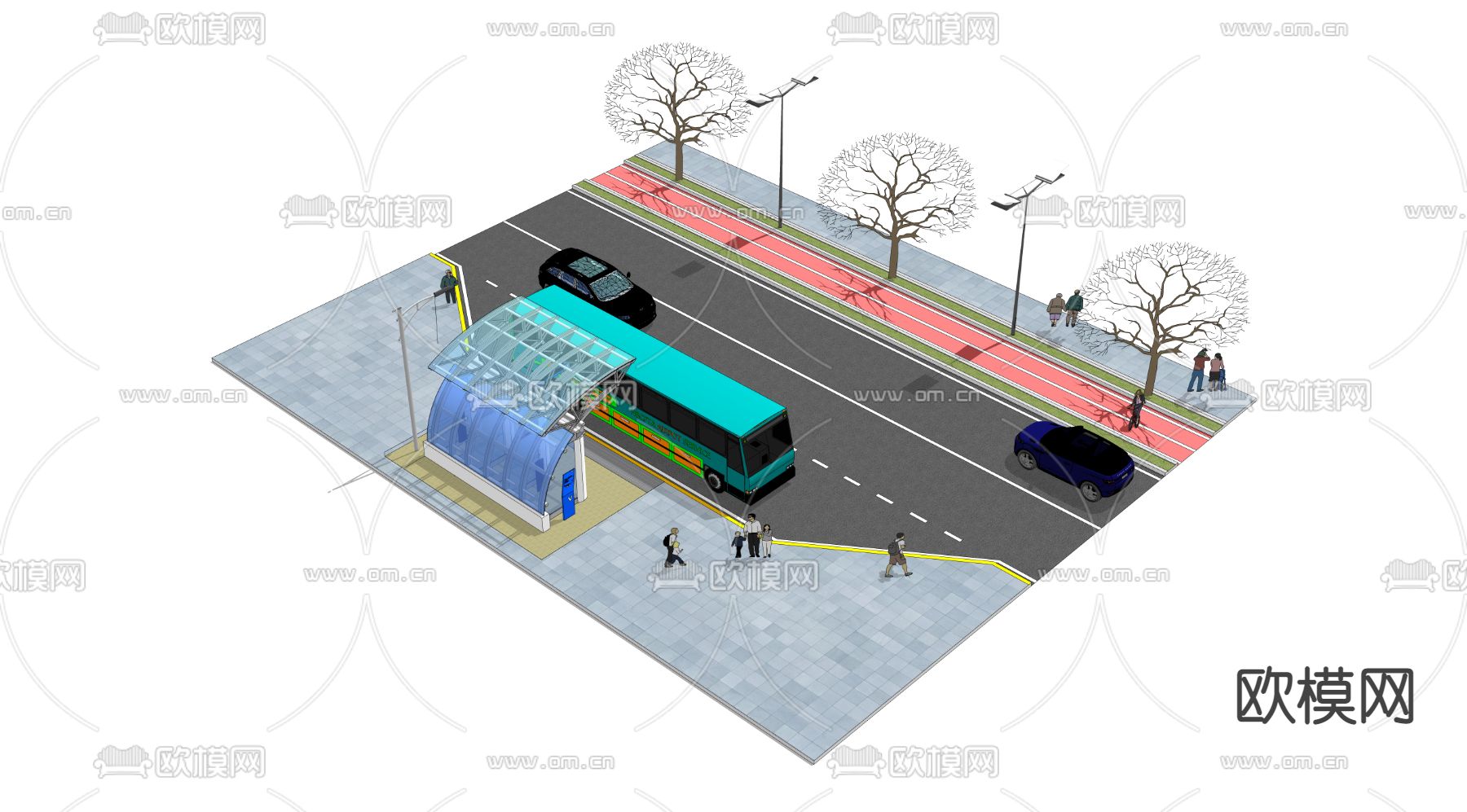 现代公交车站点su模型下载（渲染图3）