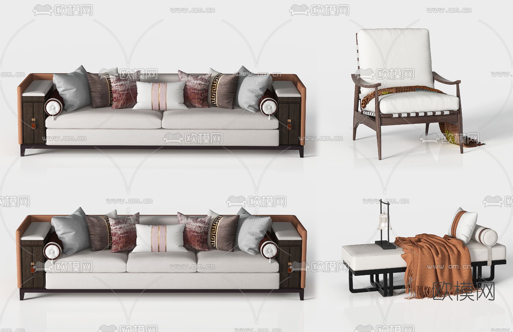 新中式脚踏双人沙发3d模型下载