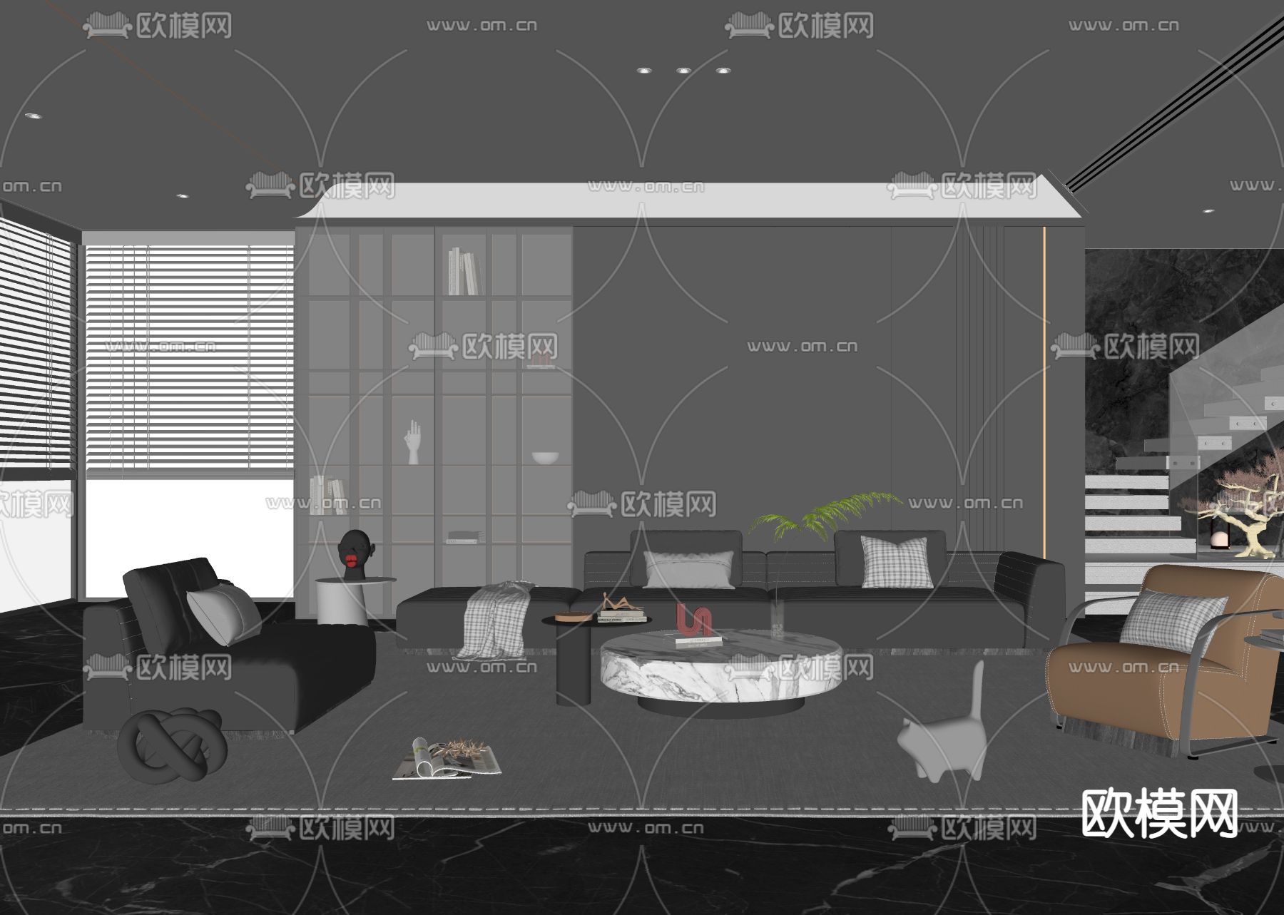 暗黑风客厅su模型下载（渲染图3）