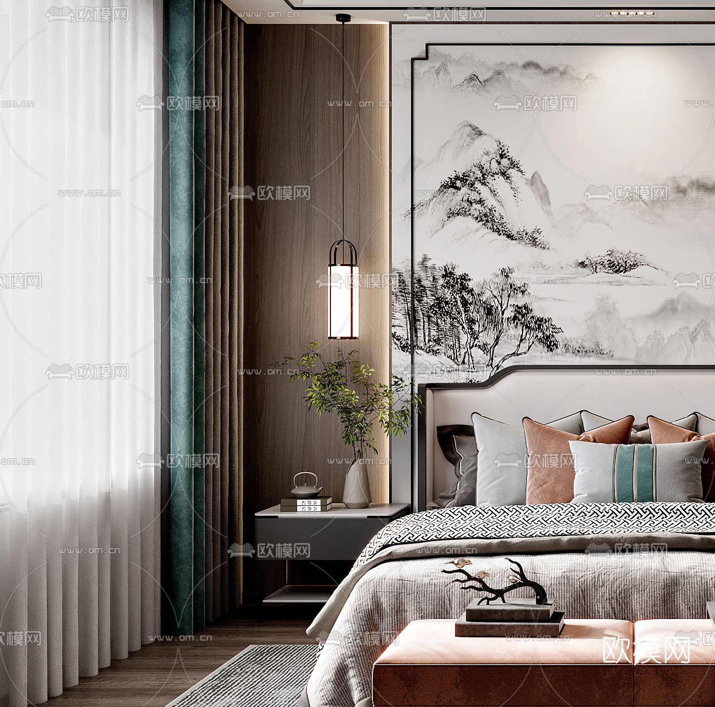 新中式卧室3d模型下载（渲染图2）