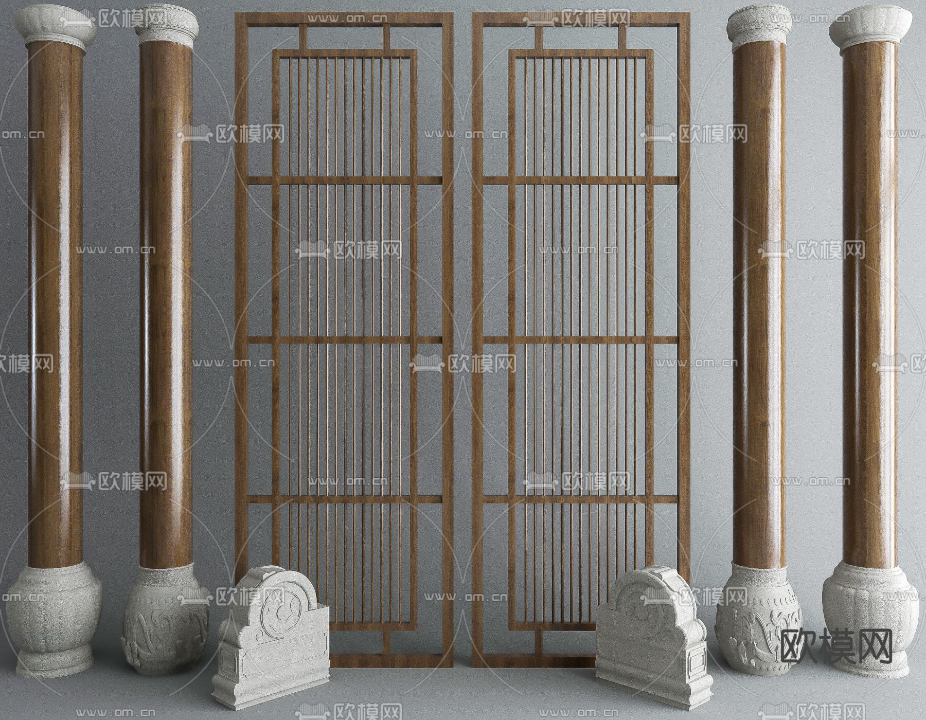 中式柱子 石墩 屏风su模型下载（渲染图1）