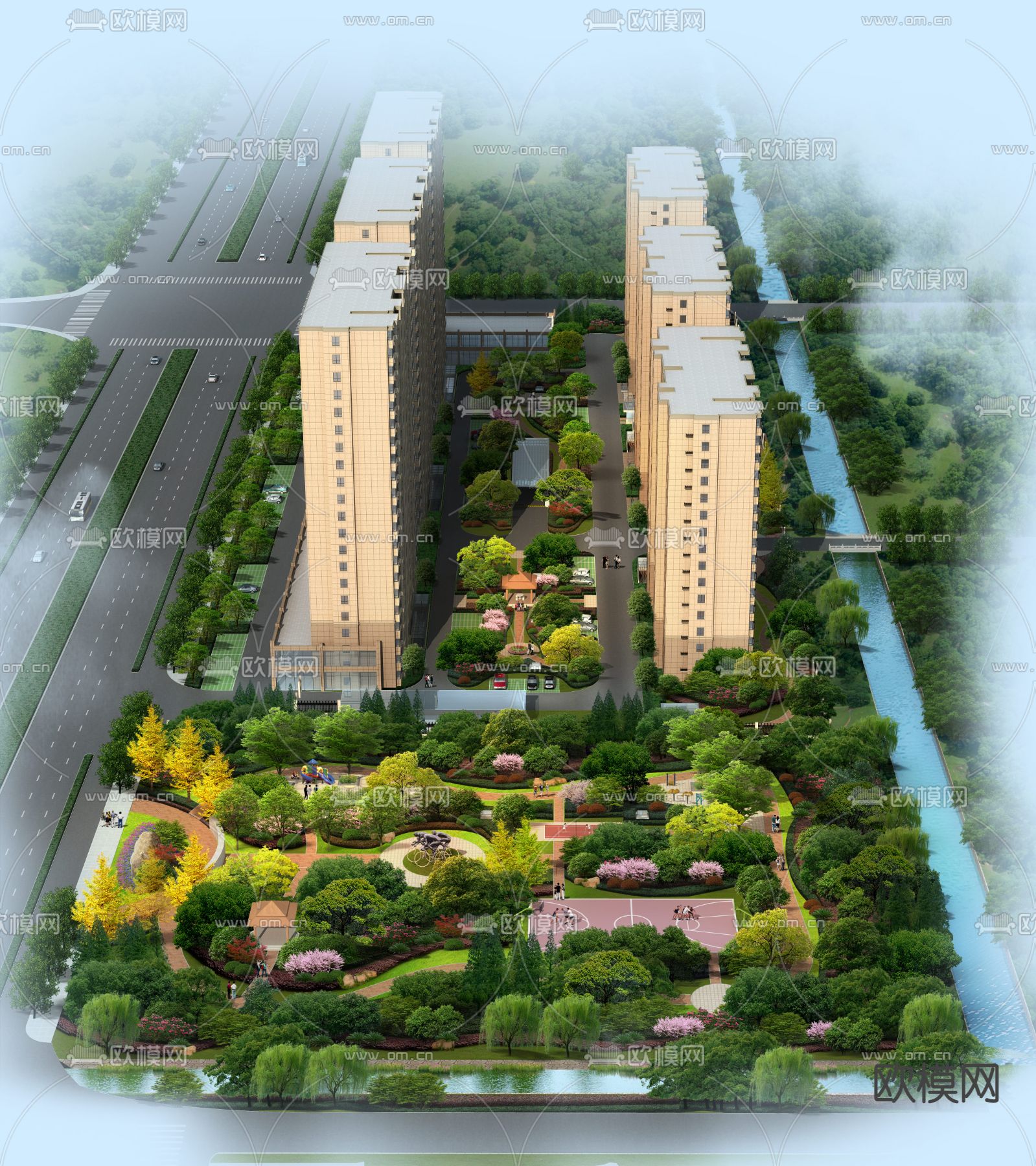现代住宅楼外观鸟瞰psd下载_ID12140402_3dmax免费模型-欧模网