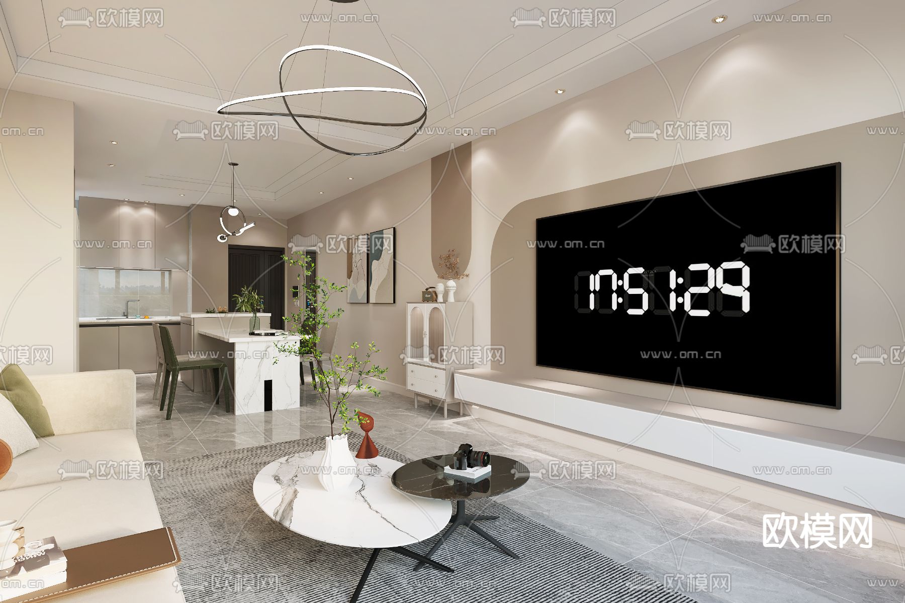 奶油风客餐厅免费3d模型下载（渲染图2）