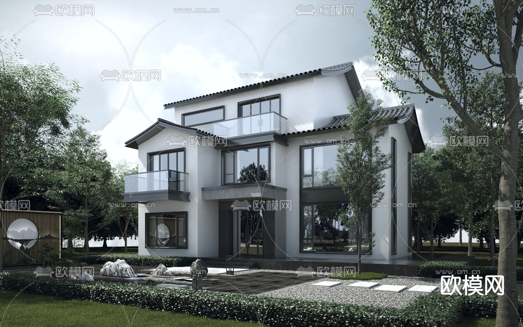 新中式独栋别墅庭院外观3d模型下载