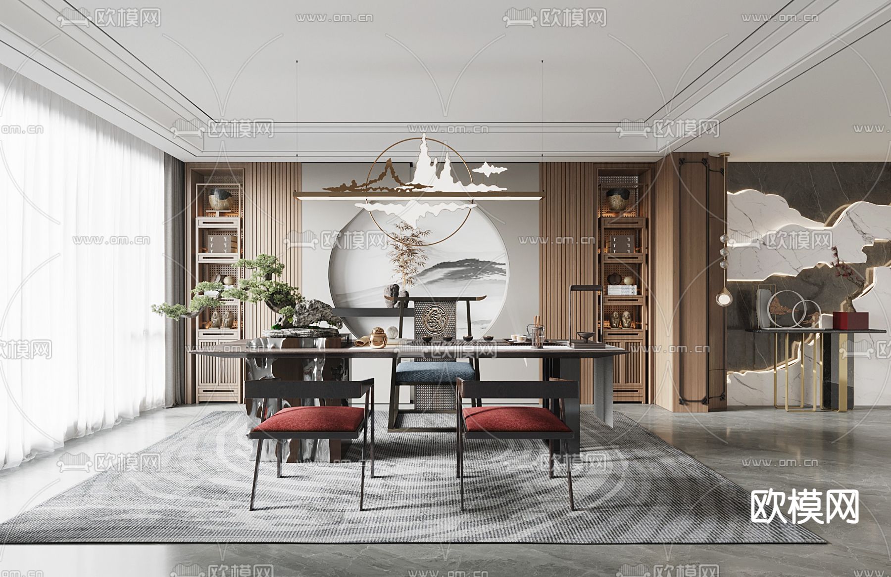 新中式茶室 茶房su模型下载（渲染图1）