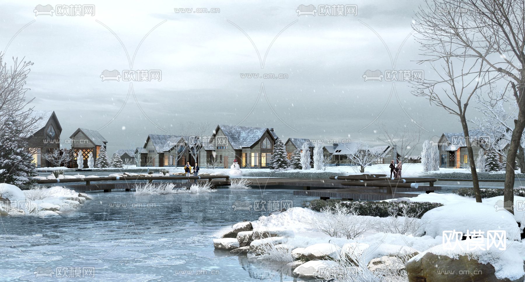 现代公园雪景冰湖住宅楼外观psd下载