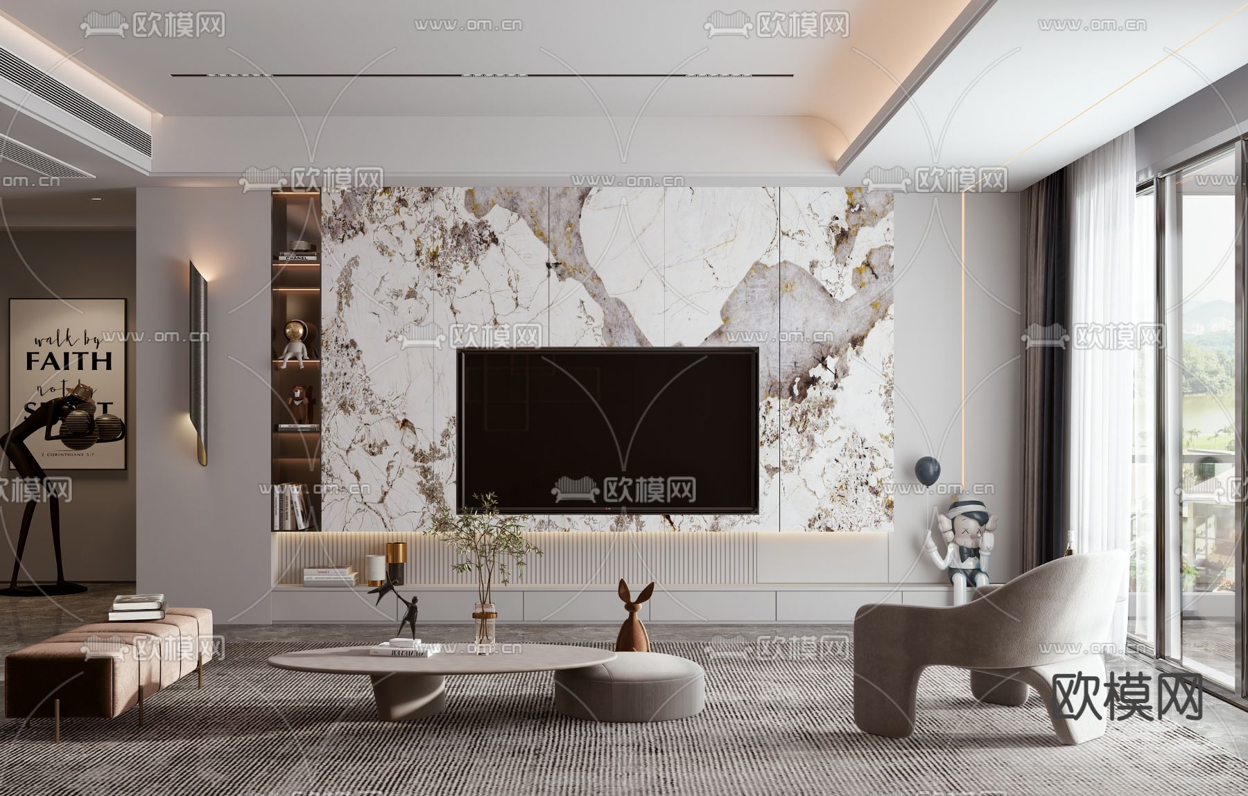 现代轻奢客厅3d模型下载（渲染图2）