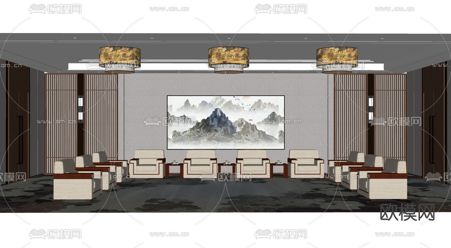 新中式会客室su模型下载（渲染图2）