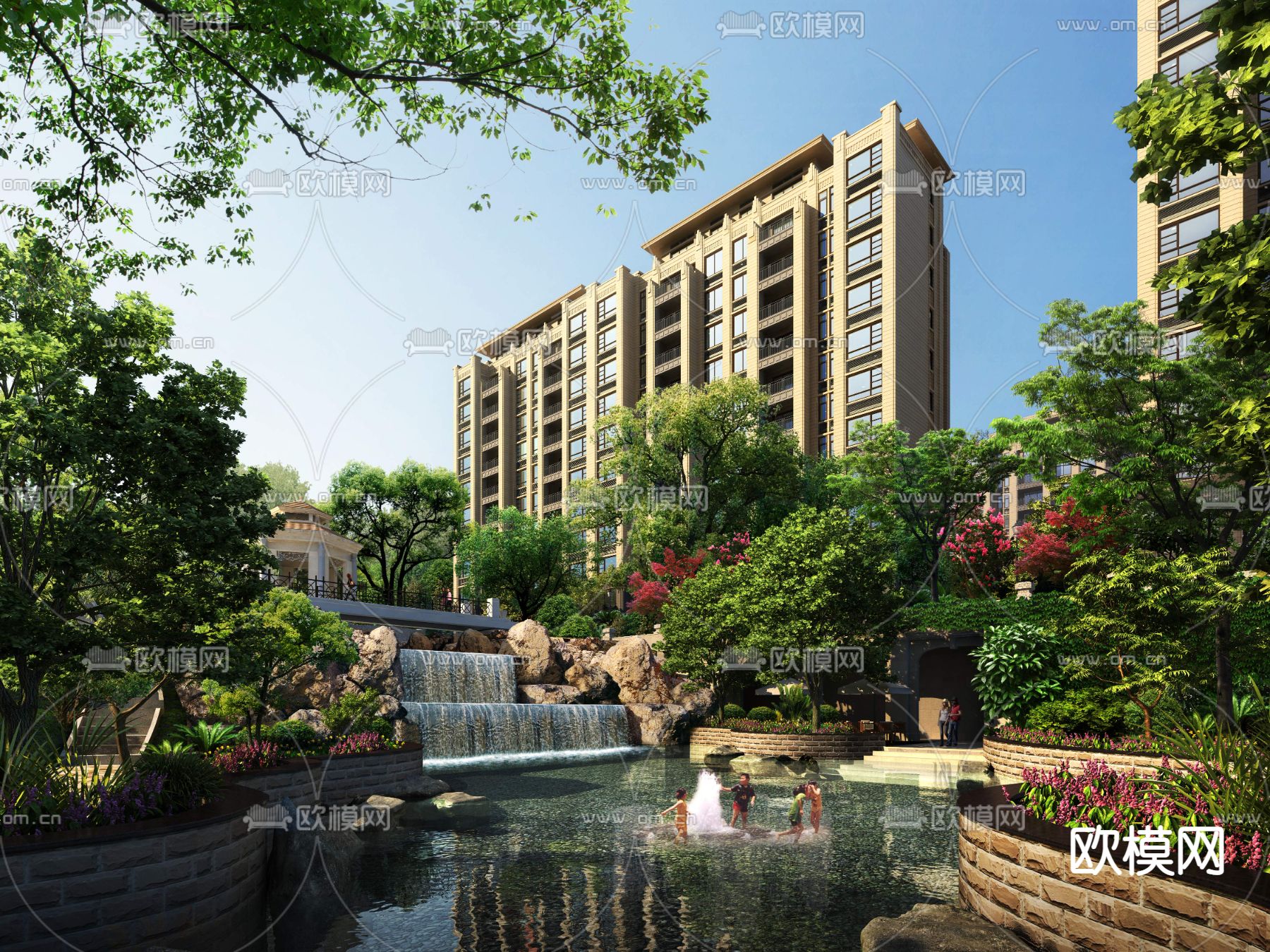 现代小区水池游玩景观psd下载