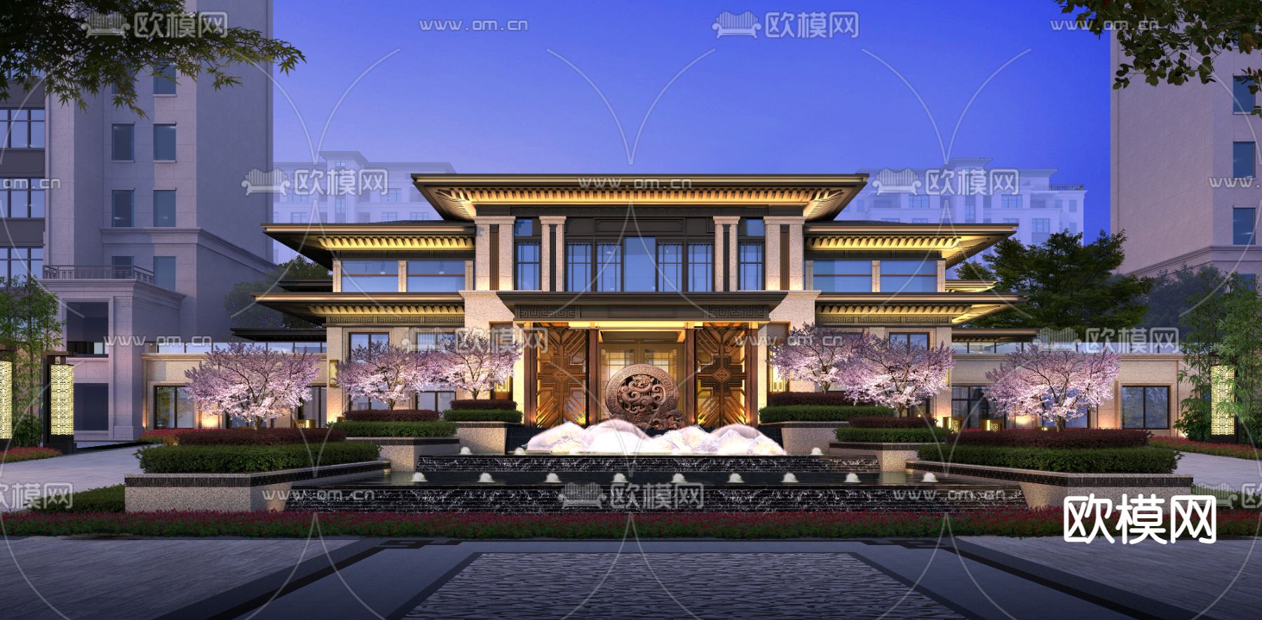 现代住宅楼建筑外观夜景psd下载