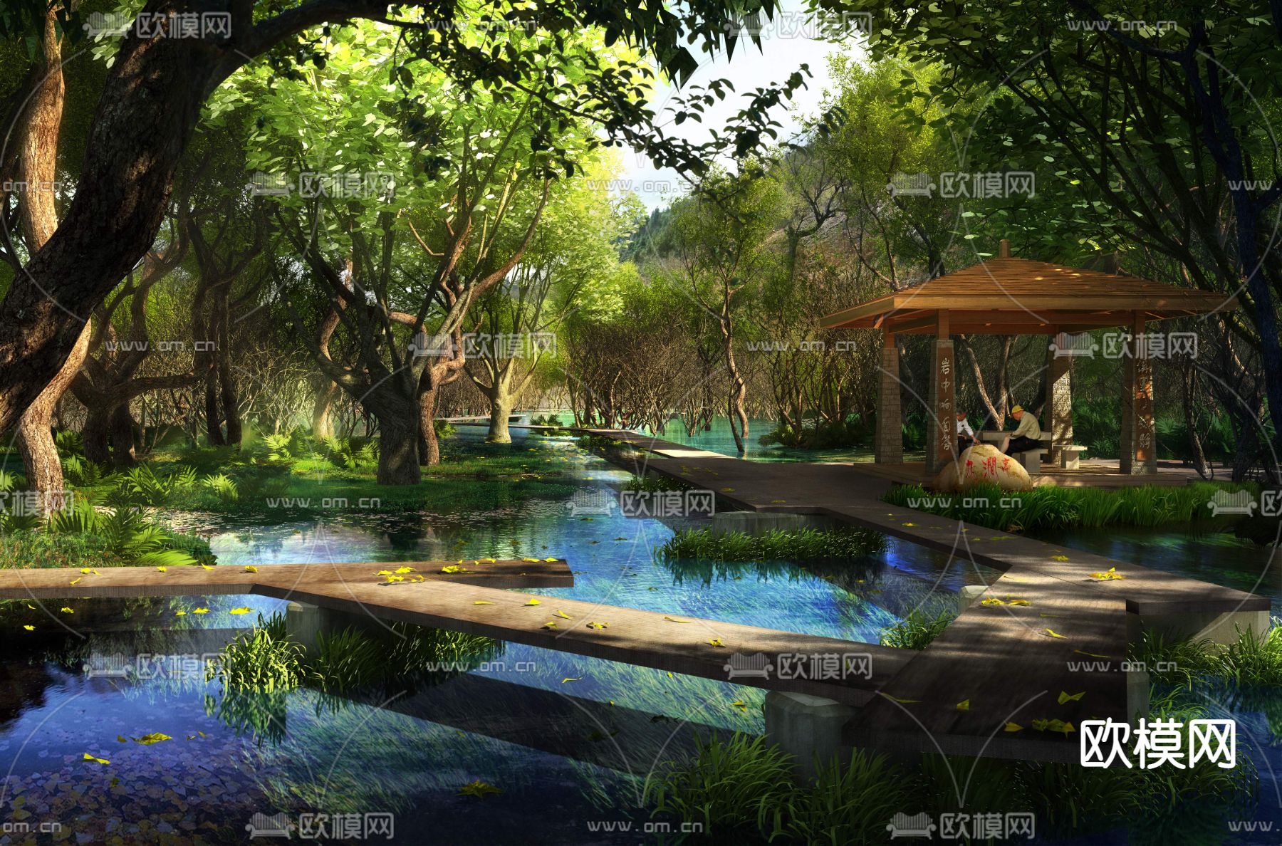 现代廊桥凉亭森林园林psd下载_ID12148999_3dmax免费模型-欧模网