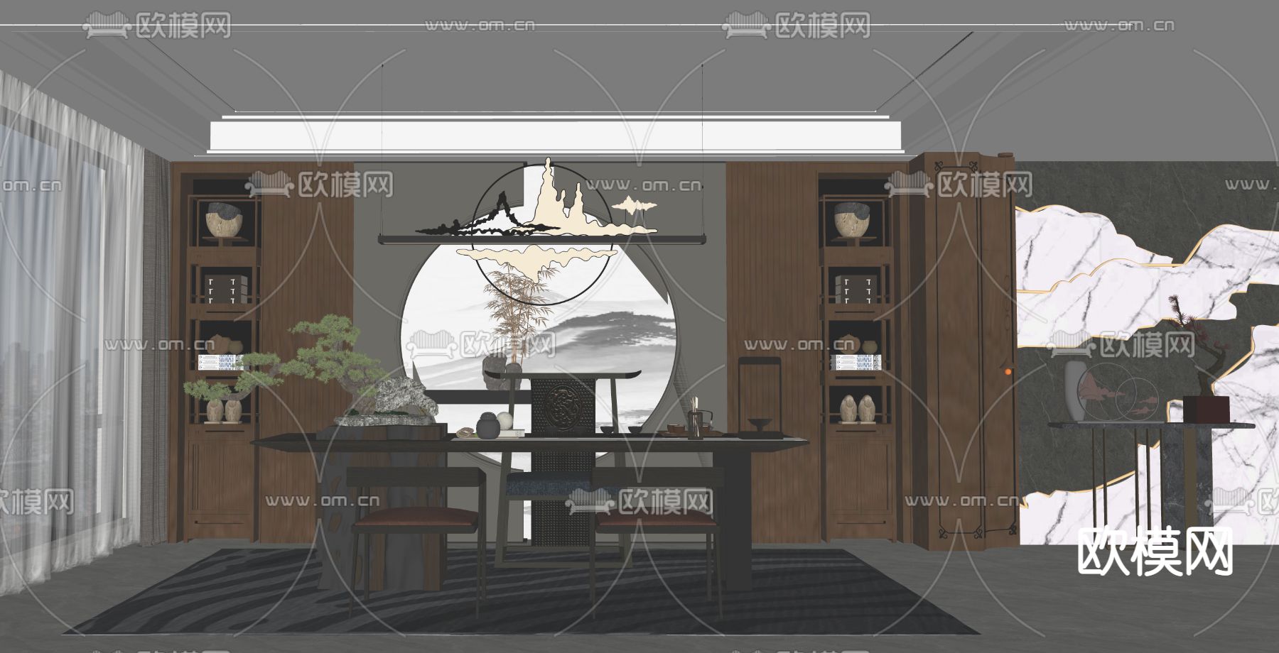 新中式茶室 茶房su模型下载（渲染图2）