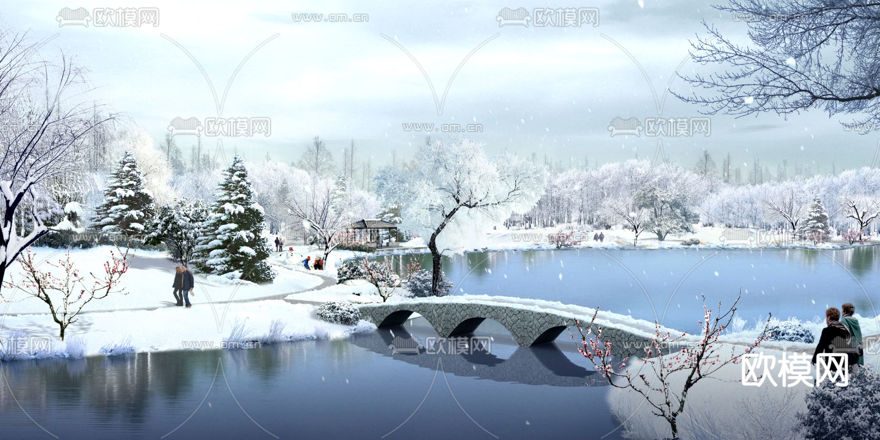 现代公园雪景冰湖廊桥psd下载