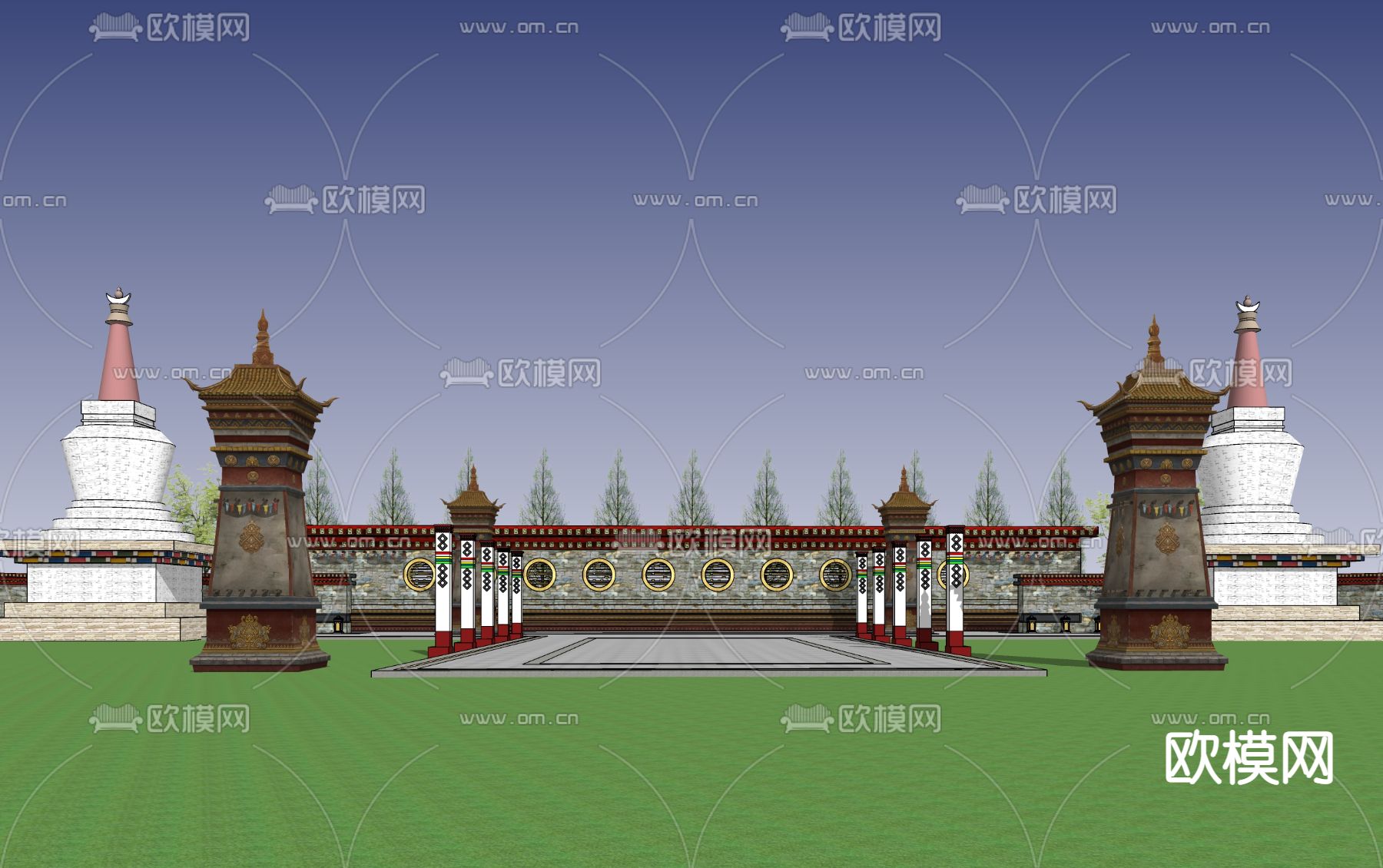 中式藏式景墙塔楼文化广场su模型下载（渲染图1）