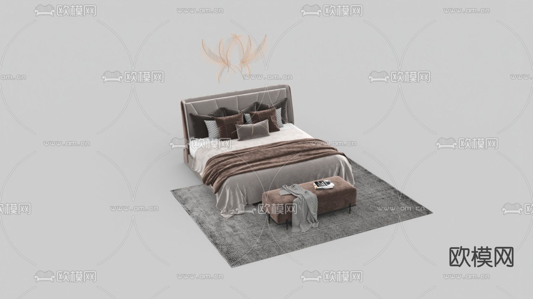 现代轻奢布艺双人床免费3d模型下载