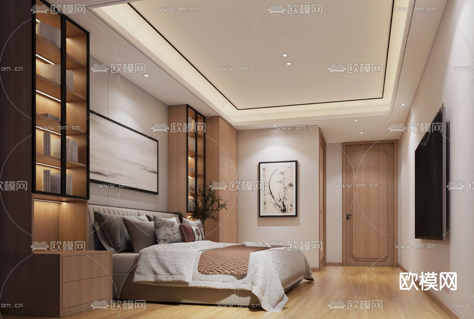 新中式主人房 卧室免费3d模型下载_ID12126157_3dmax免费模型-欧模网