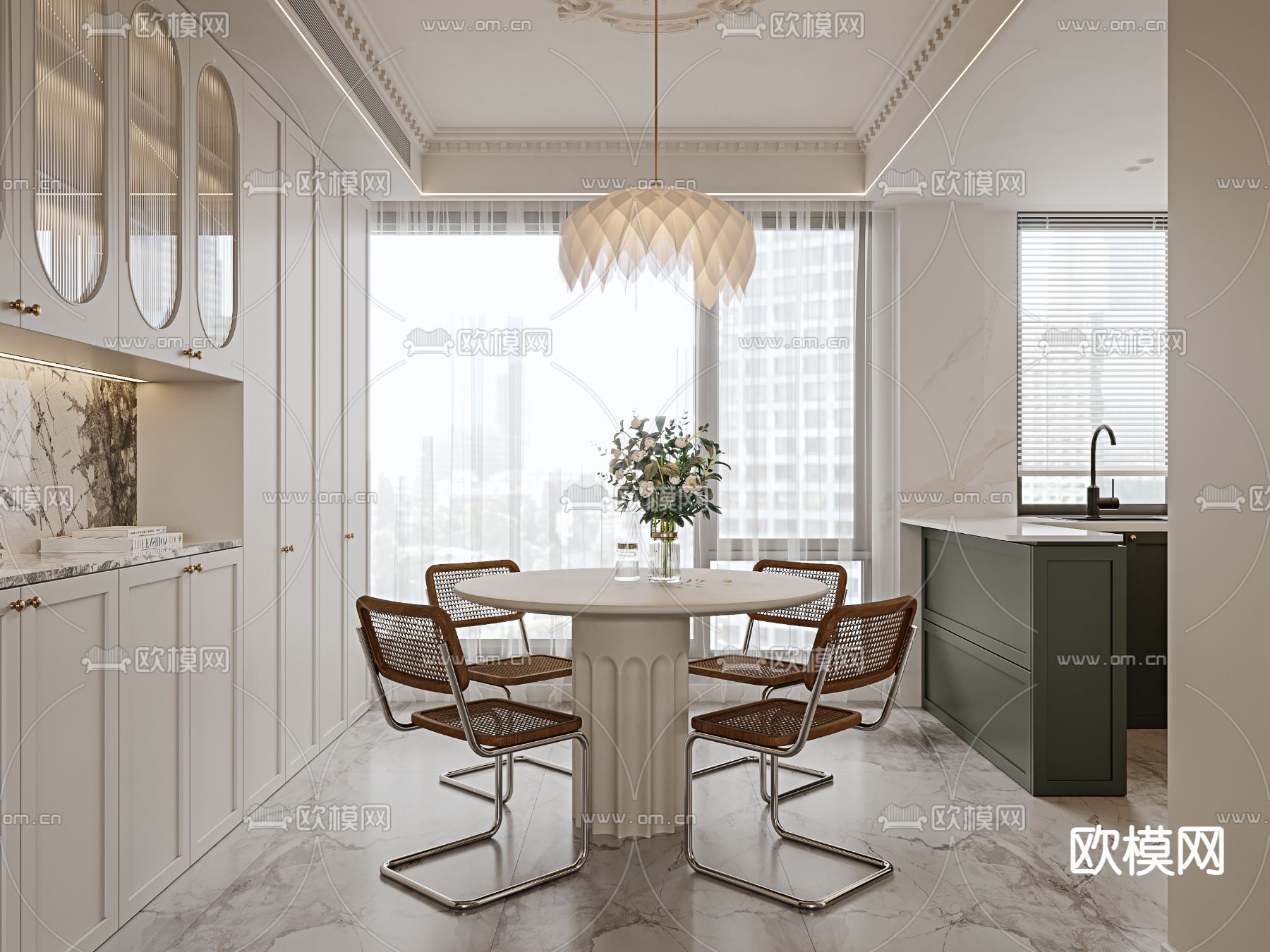 法式奶油风客厅餐厅3d模型下载（渲染图2）