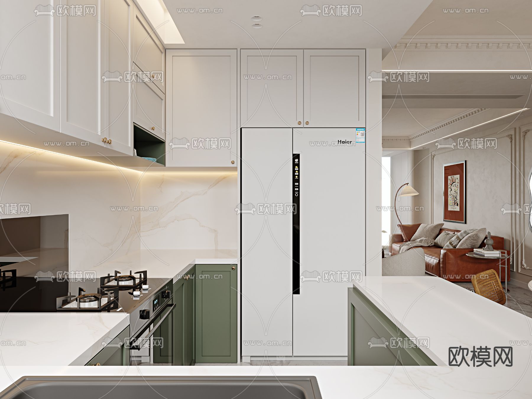 法式奶油风客厅餐厅3d模型下载（渲染图4）