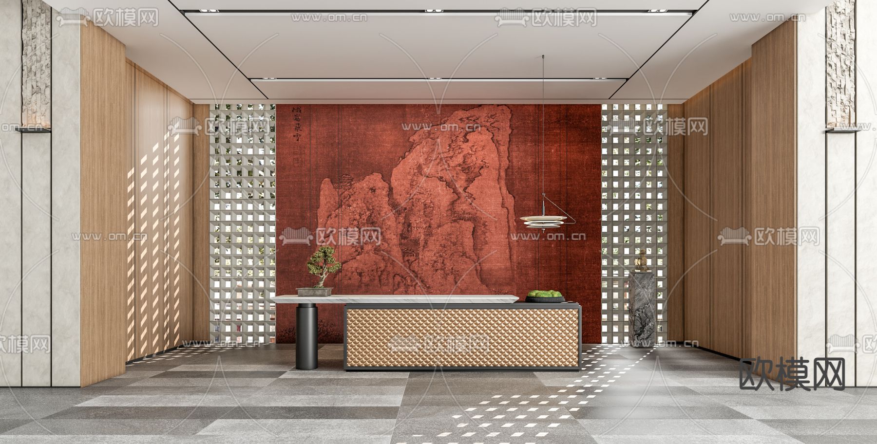 新中式前台 接待处su模型